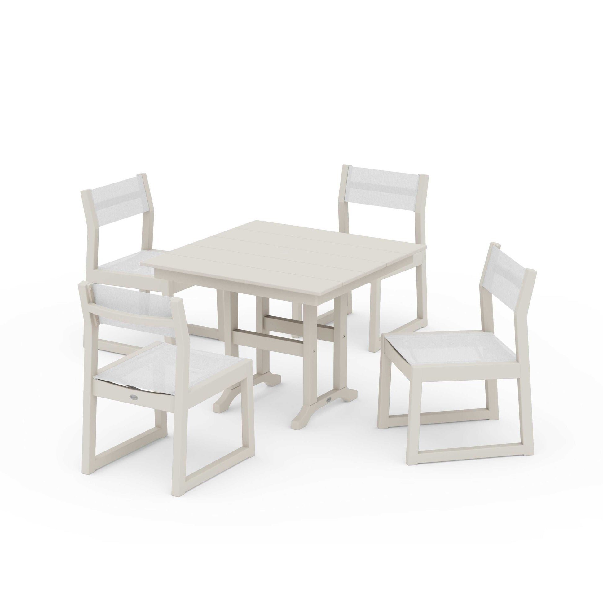 POLYWOOD EDGE Sling Side Chair 5-Piece Farmhouse Dining Set — Sand / White Sling