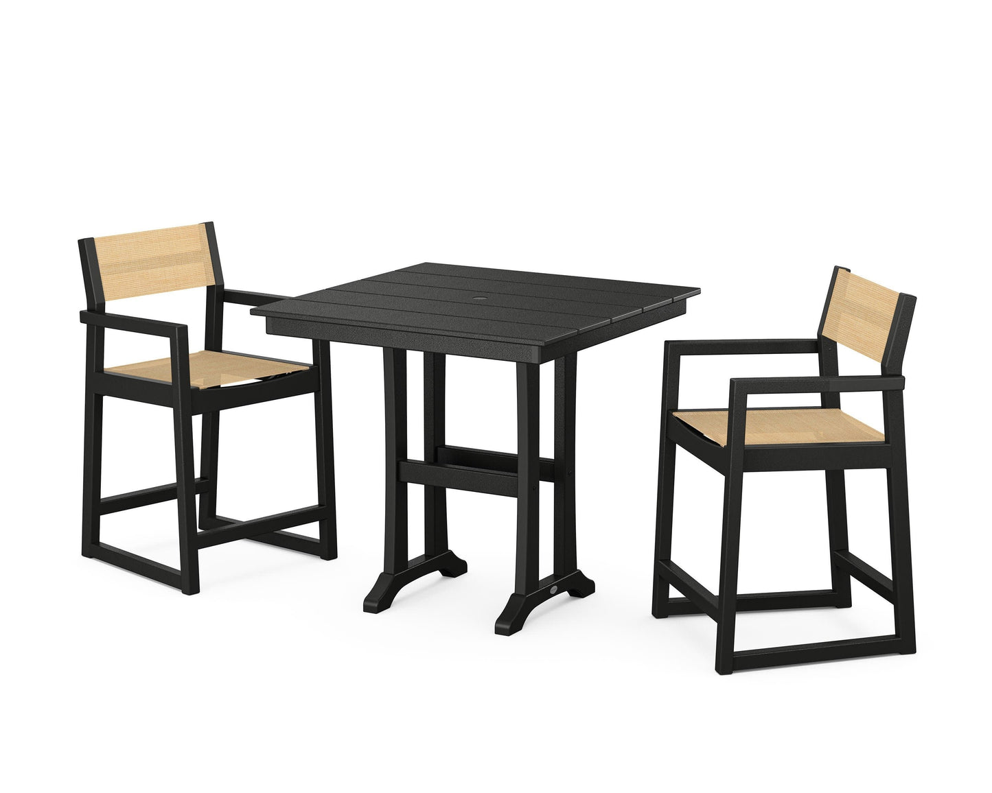 POLYWOOD EDGE Sling Arm Chair 3-Piece Farmhouse Counter Set with Trestle Legs — Black / Dupioni Apricot Sling