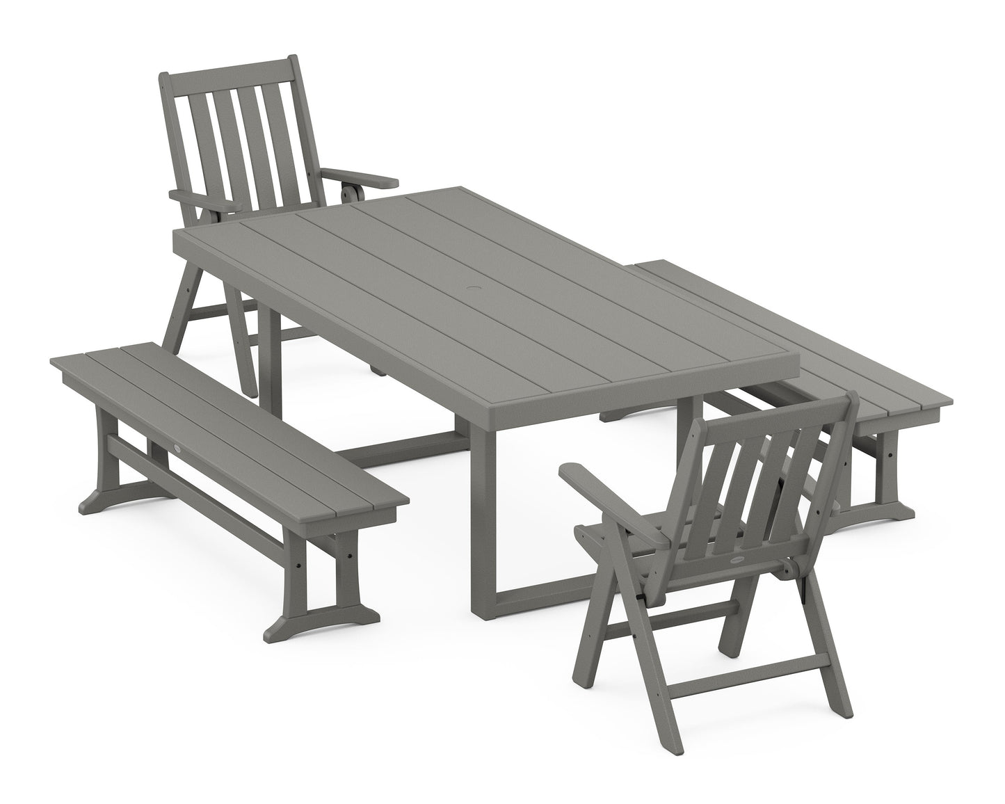 POLYWOOD Vineyard Folding Chair 5-Piece Dining Set with Benches — Slate Grey