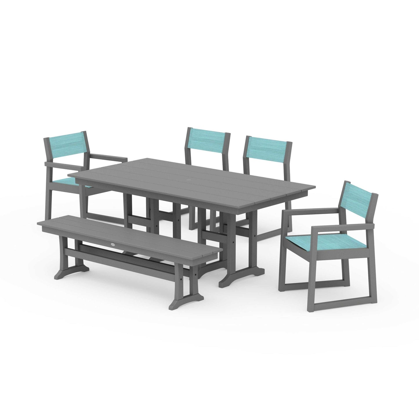 POLYWOOD EDGE Sling 6-Piece Farmhouse Dining Set — Slate Grey / Dupioni Aquamarine Sling