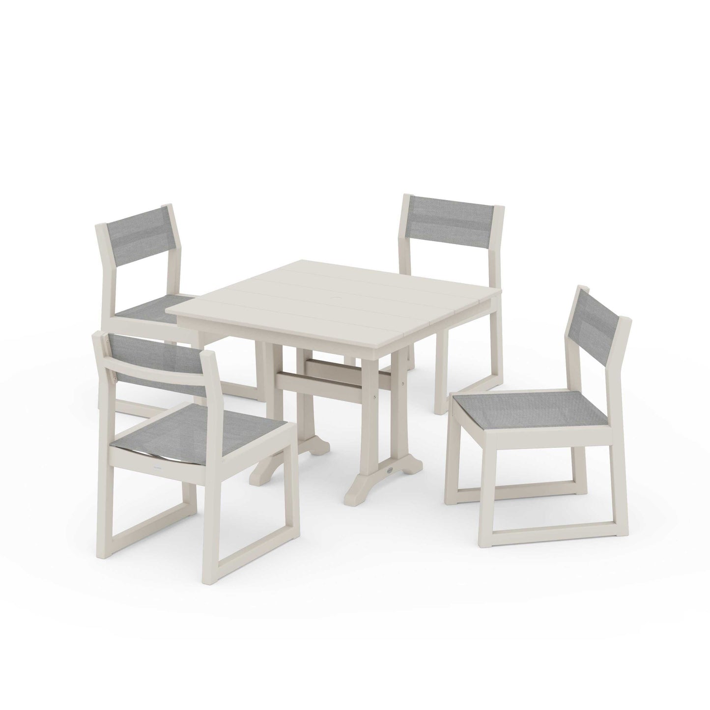 POLYWOOD EDGE Sling 5-Piece Farmhouse Trestle Side Chair Dining Set — Sand / Metallic Sling