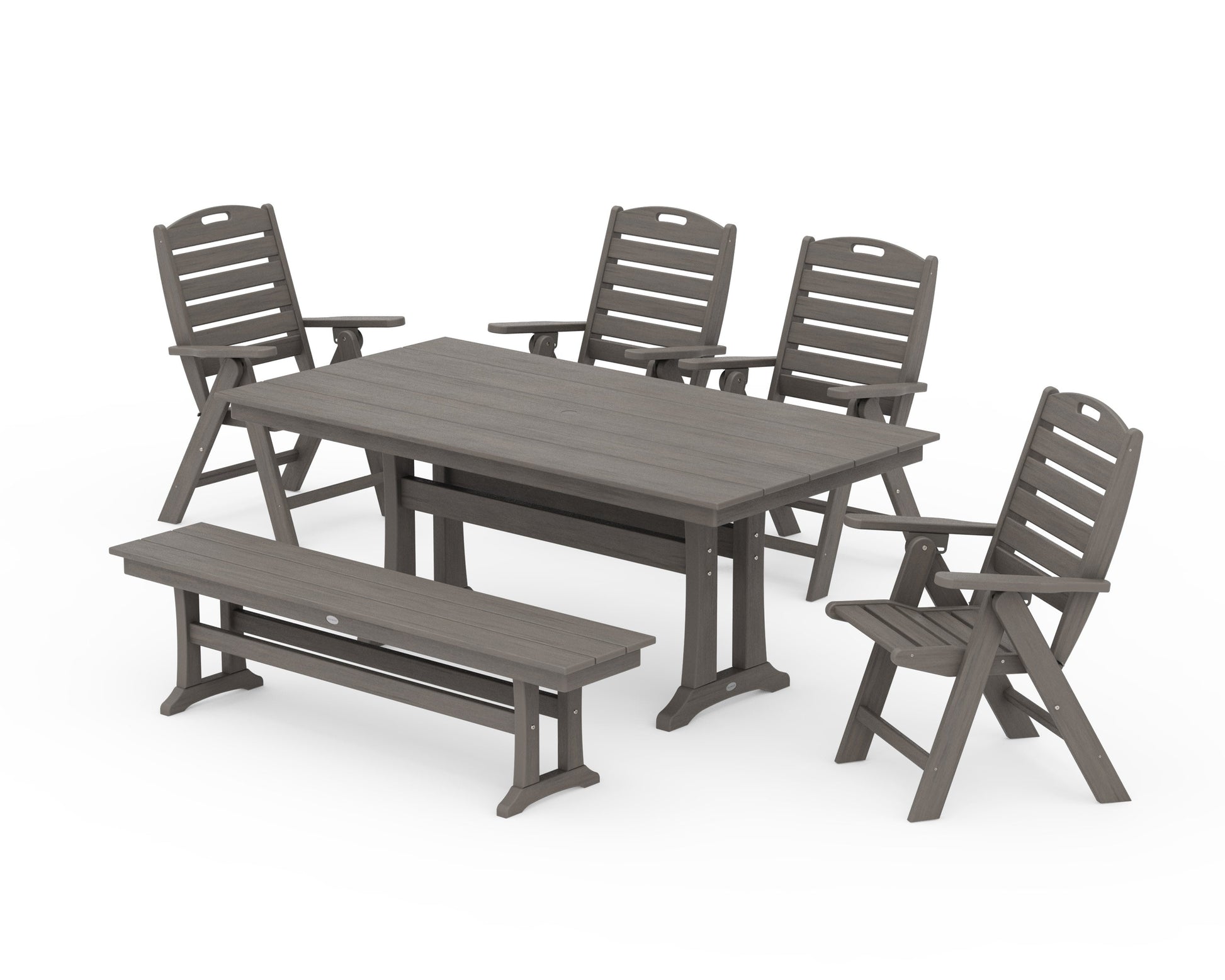 POLYWOOD Nautical Highback 6-Piece Farmhouse Dining Set with Trestle Legs and Bench — Driftwood