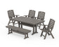 POLYWOOD Nautical Highback 6-Piece Farmhouse Dining Set with Trestle Legs and Bench — Driftwood