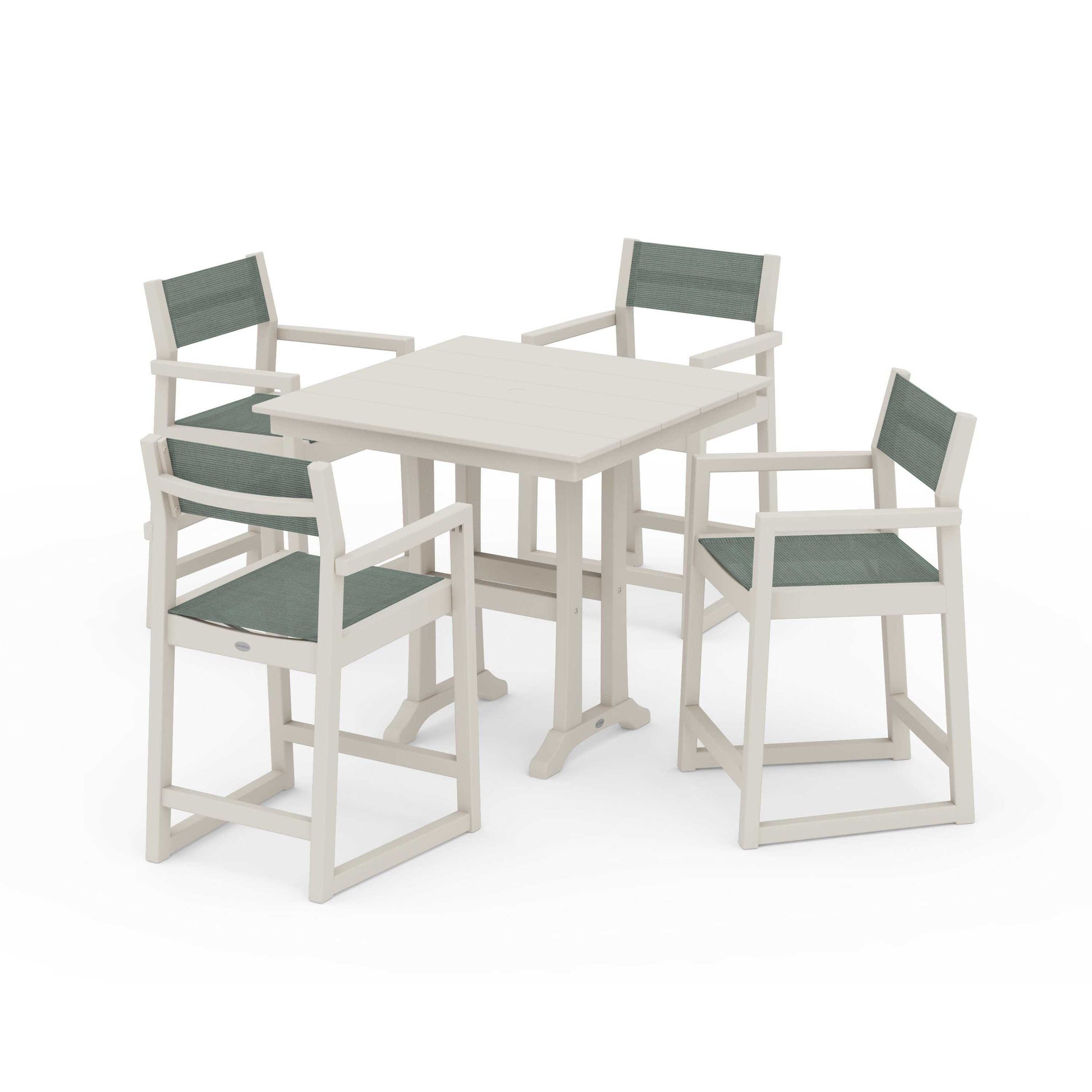 POLYWOOD EDGE Sling Arm Chair 5-Piece Farmhouse Counter Set with Trestle Legs — Sand / Dupioni Sea Mist Sling