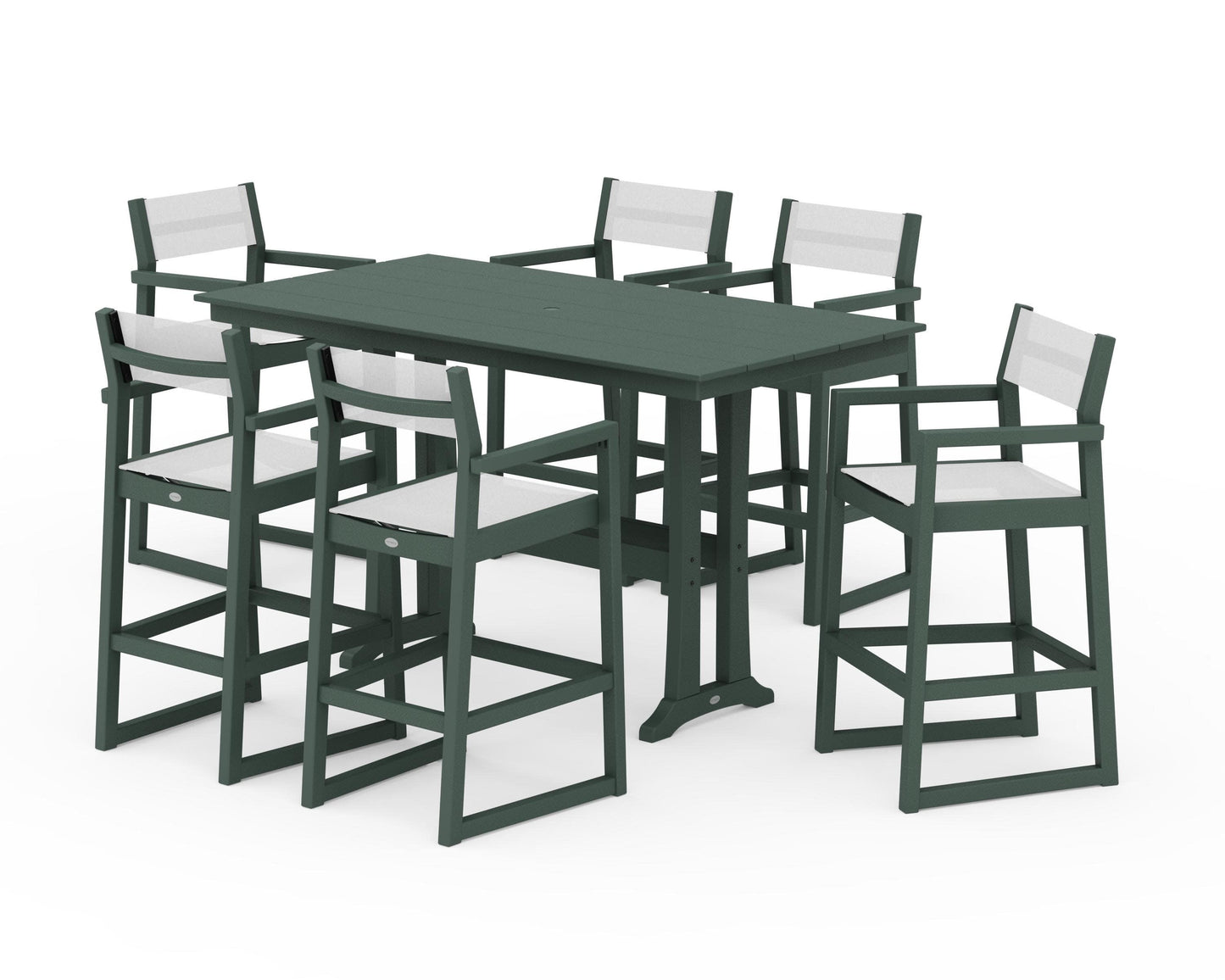 POLYWOOD EDGE Sling Arm Chair 7-Piece Farmhouse Bar Set with Trestle Legs — Green / White Sling