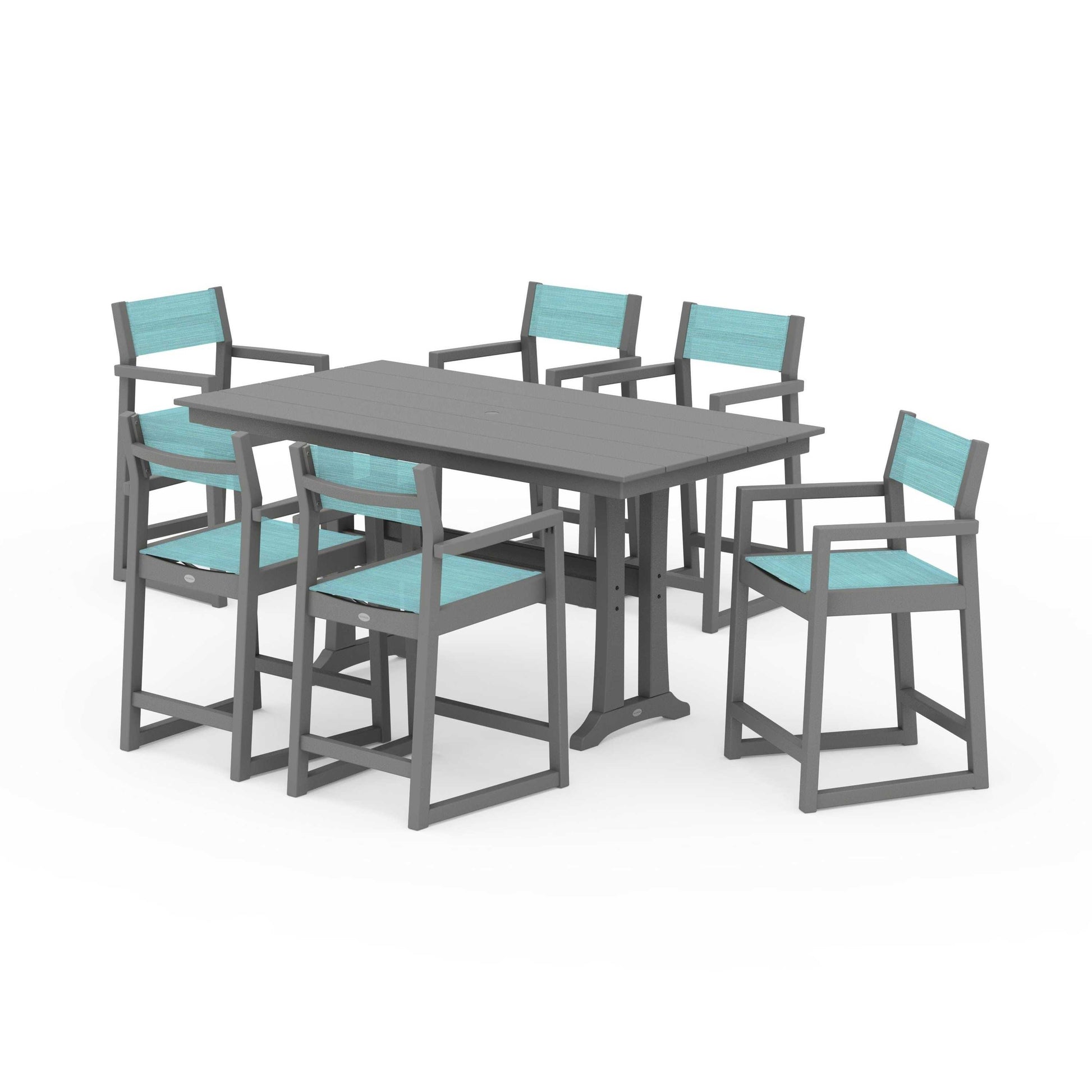 POLYWOOD EDGE Sling Arm Chair 7-Piece Farmhouse Counter Set with Trestle Legs — Slate Grey / Dupioni Aquamarine Sling