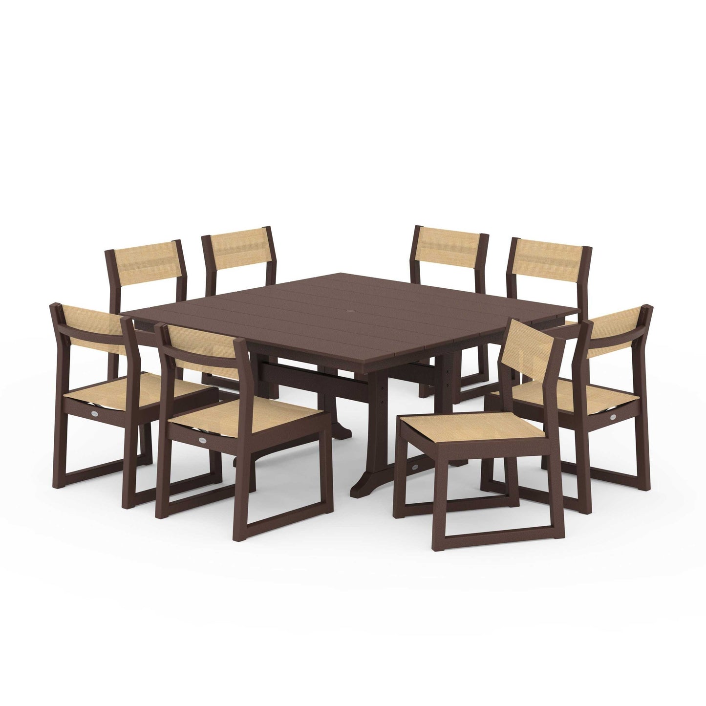 POLYWOOD EDGE Sling Side Chair 9-Piece Farmhouse Trestle Dining Set — Mahogany / Dupioni Apricot Sling