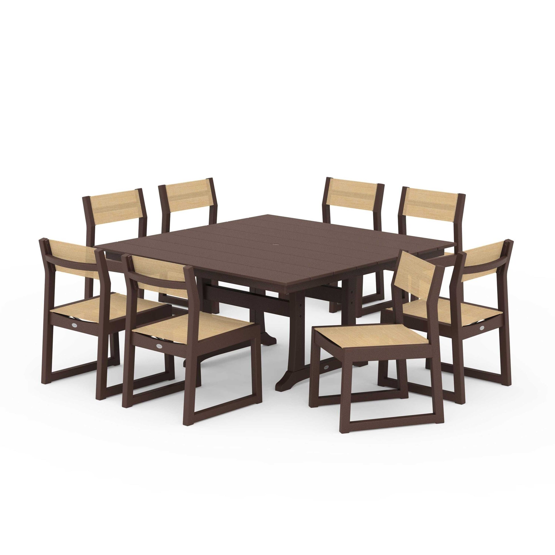 POLYWOOD EDGE Sling Side Chair 9-Piece Farmhouse Trestle Dining Set — Mahogany / Dupioni Apricot Sling