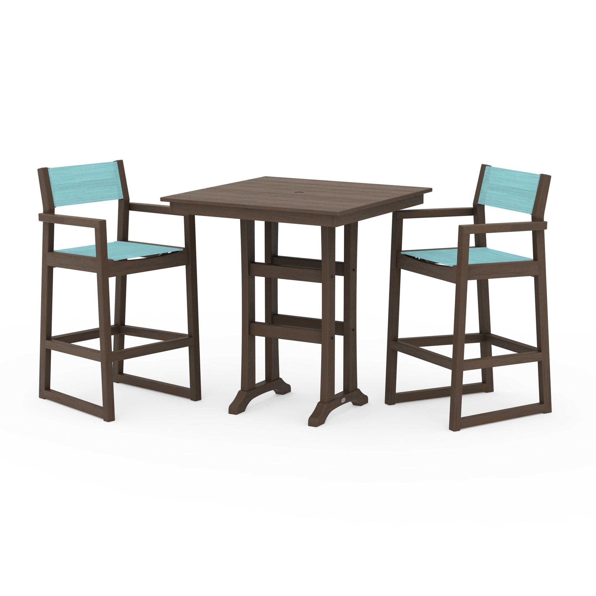 POLYWOOD EDGE Sling Arm Chair 3-Piece Farmhouse Bar Set with Trestle Legs — Kona / Dupioni Aquamarine Sling