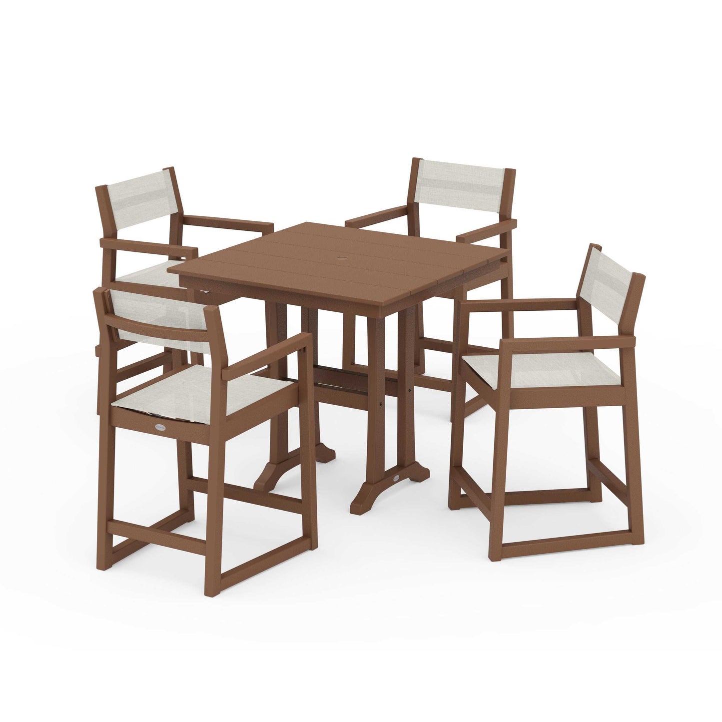 POLYWOOD EDGE Sling Arm Chair 5-Piece Farmhouse Counter Set with Trestle Legs — Teak / Parchment Sling