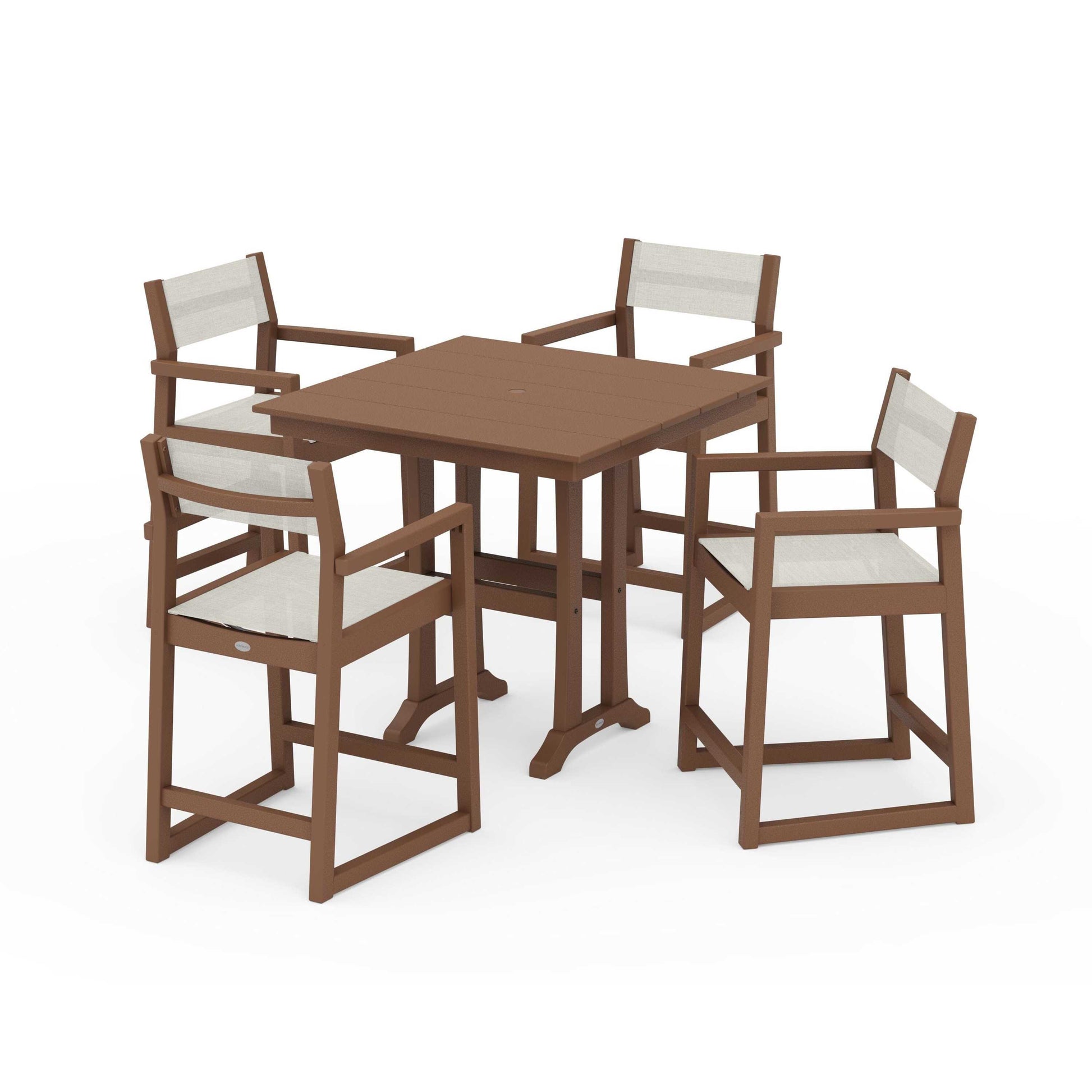POLYWOOD EDGE Sling Arm Chair 5-Piece Farmhouse Counter Set with Trestle Legs — Teak / Parchment Sling