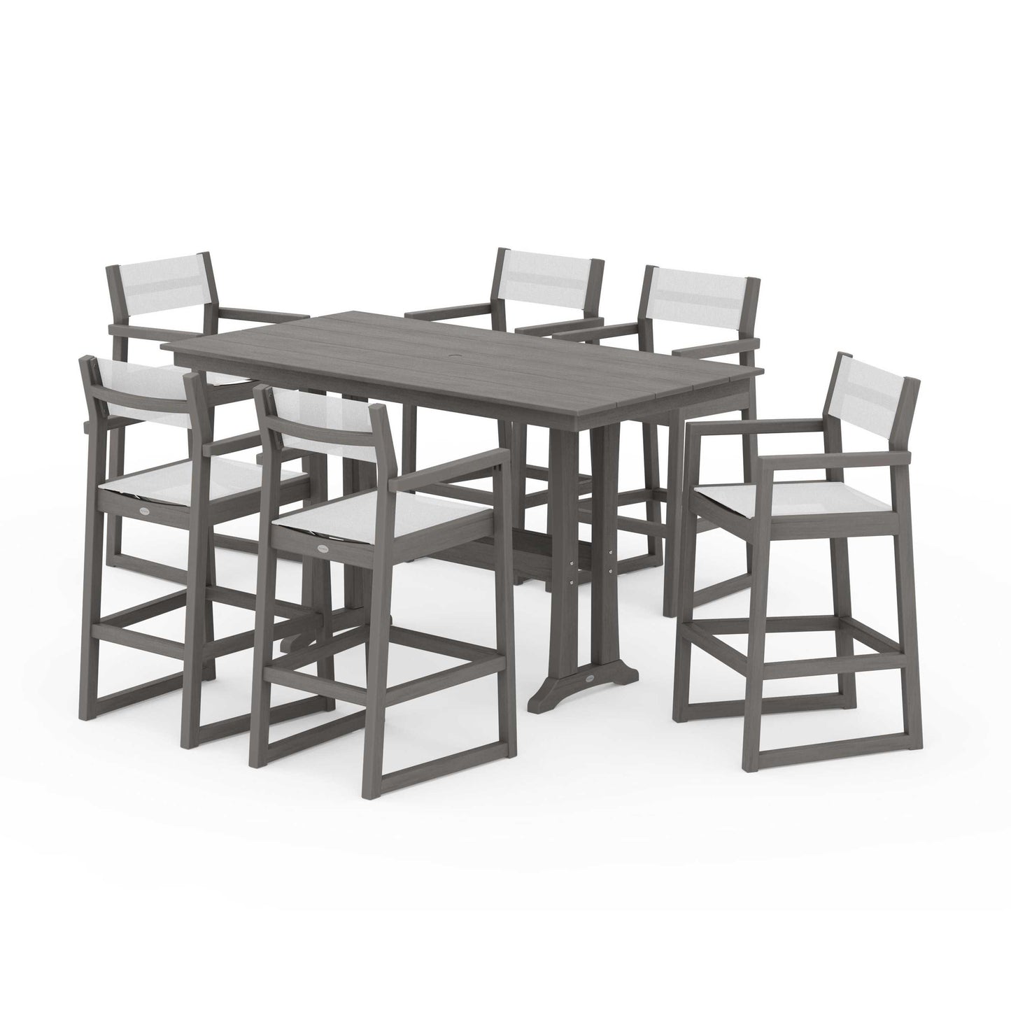 POLYWOOD EDGE Sling Arm Chair 7-Piece Farmhouse Bar Set with Trestle Legs — Driftwood / White Sling