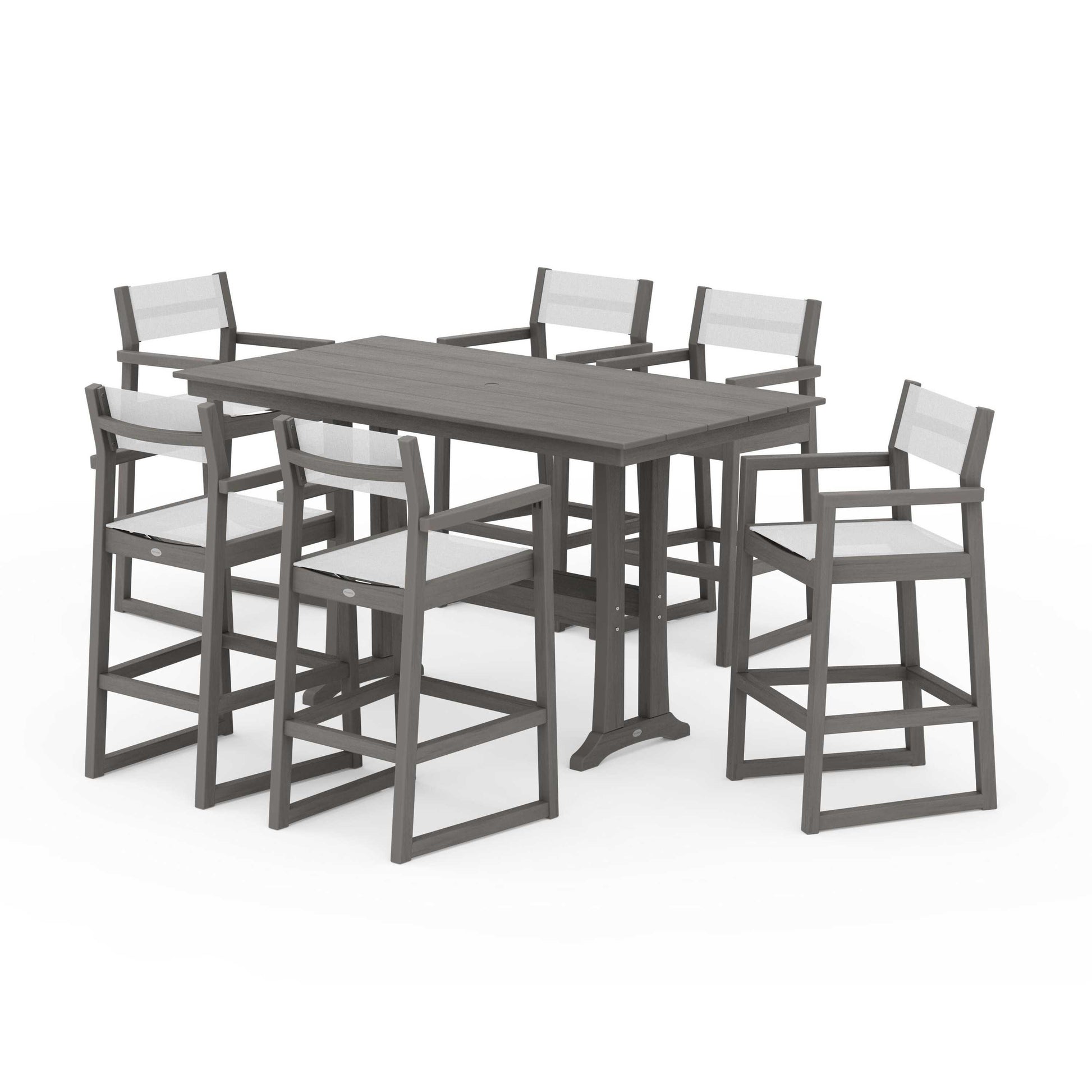 POLYWOOD EDGE Sling Arm Chair 7-Piece Farmhouse Bar Set with Trestle Legs — Driftwood / White Sling