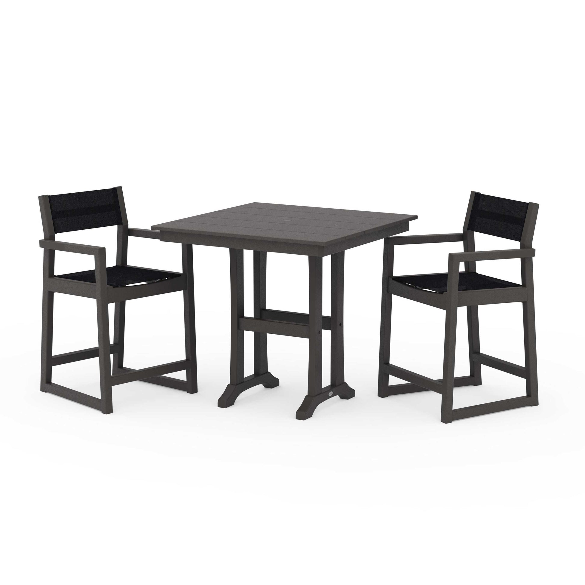 POLYWOOD EDGE Sling Arm Chair 3-Piece Farmhouse Counter Set with Trestle Legs — Vintage Coffee / Black Sling