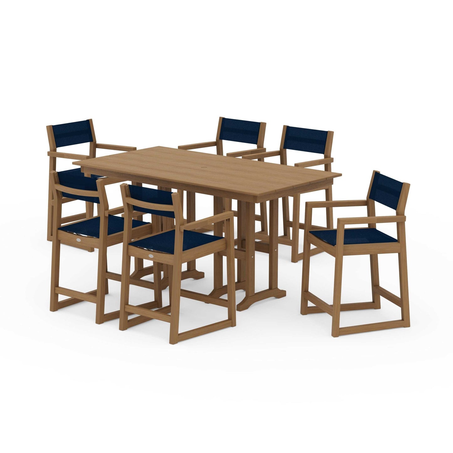 POLYWOOD EDGE Sling Arm Chair 7-Piece Farmhouse Counter Set — Natural / Navy Blue Sling