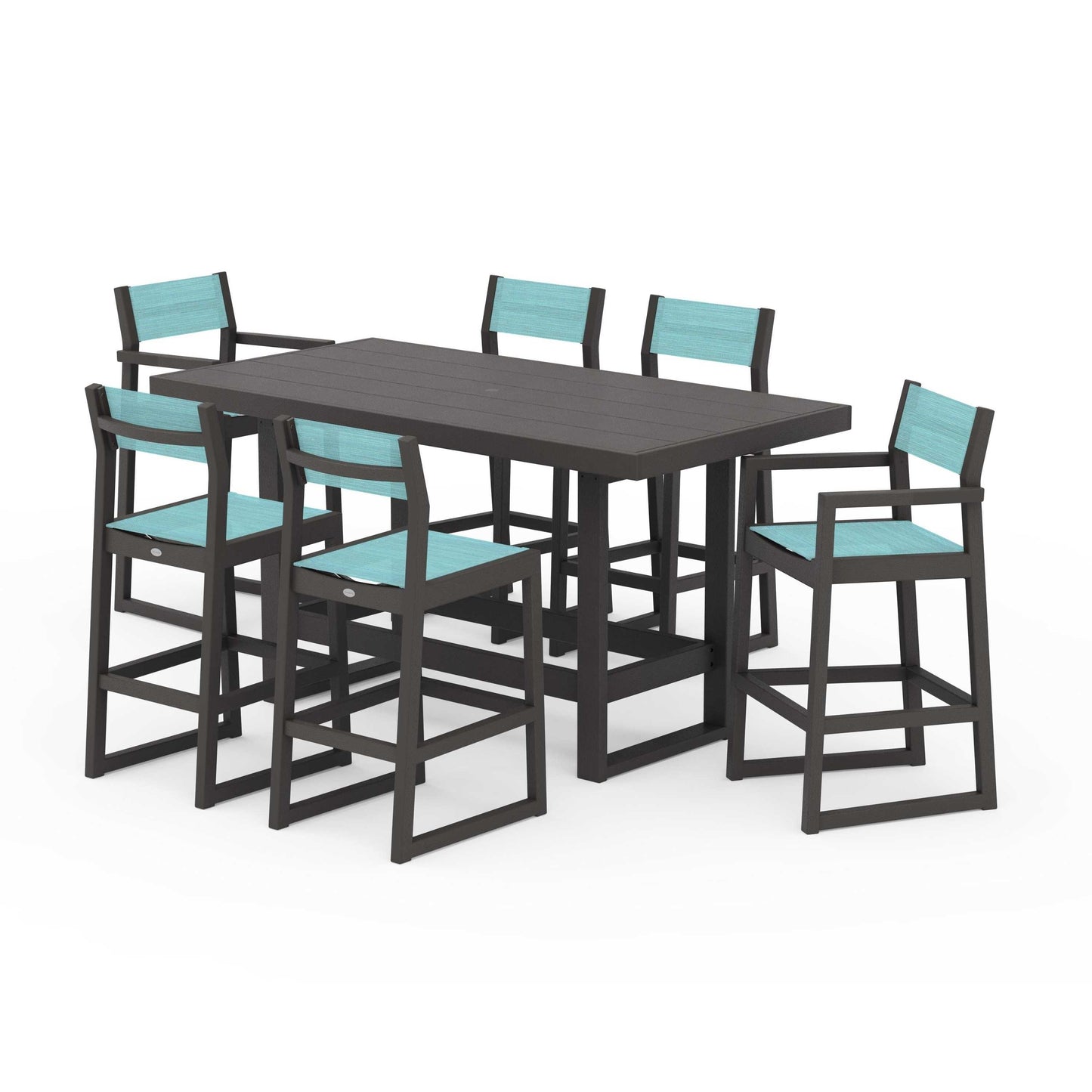POLYWOOD EDGE Sling 7-Piece Bar Table Set — Vintage Coffee / Dupioni Aquamarine Sling