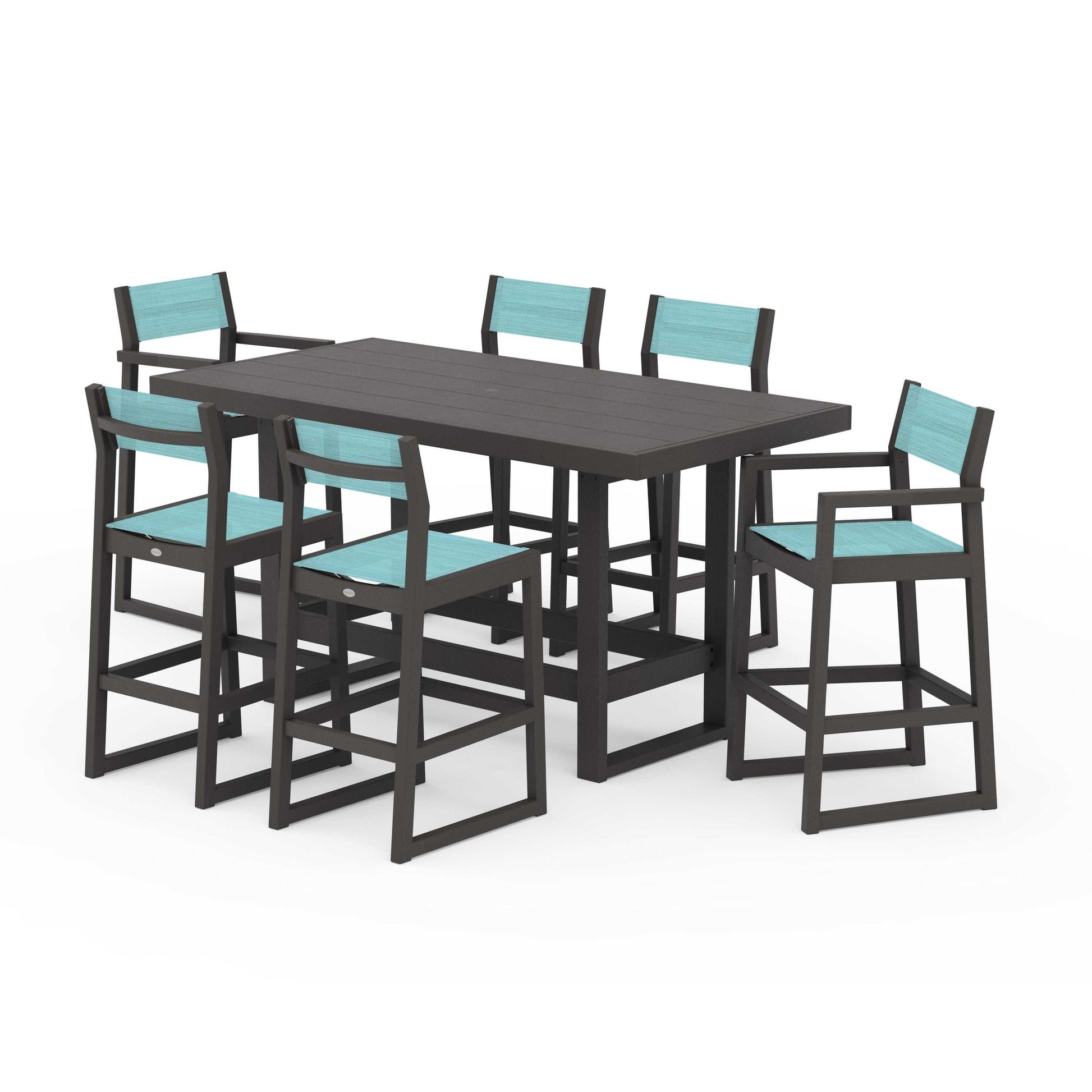 POLYWOOD EDGE Sling 7-Piece Bar Table Set — Vintage Coffee / Dupioni Aquamarine Sling