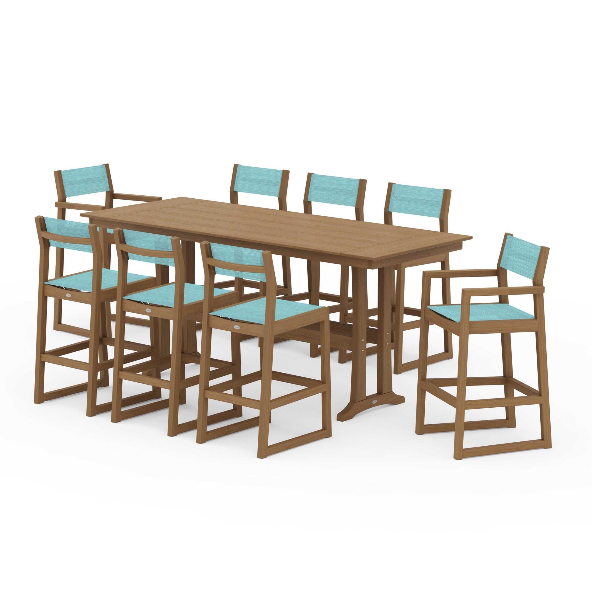 POLYWOOD EDGE Sling 9-Piece Farmhouse Bar Set with Trestle Legs — Natural / Dupioni Aquamarine Sling
