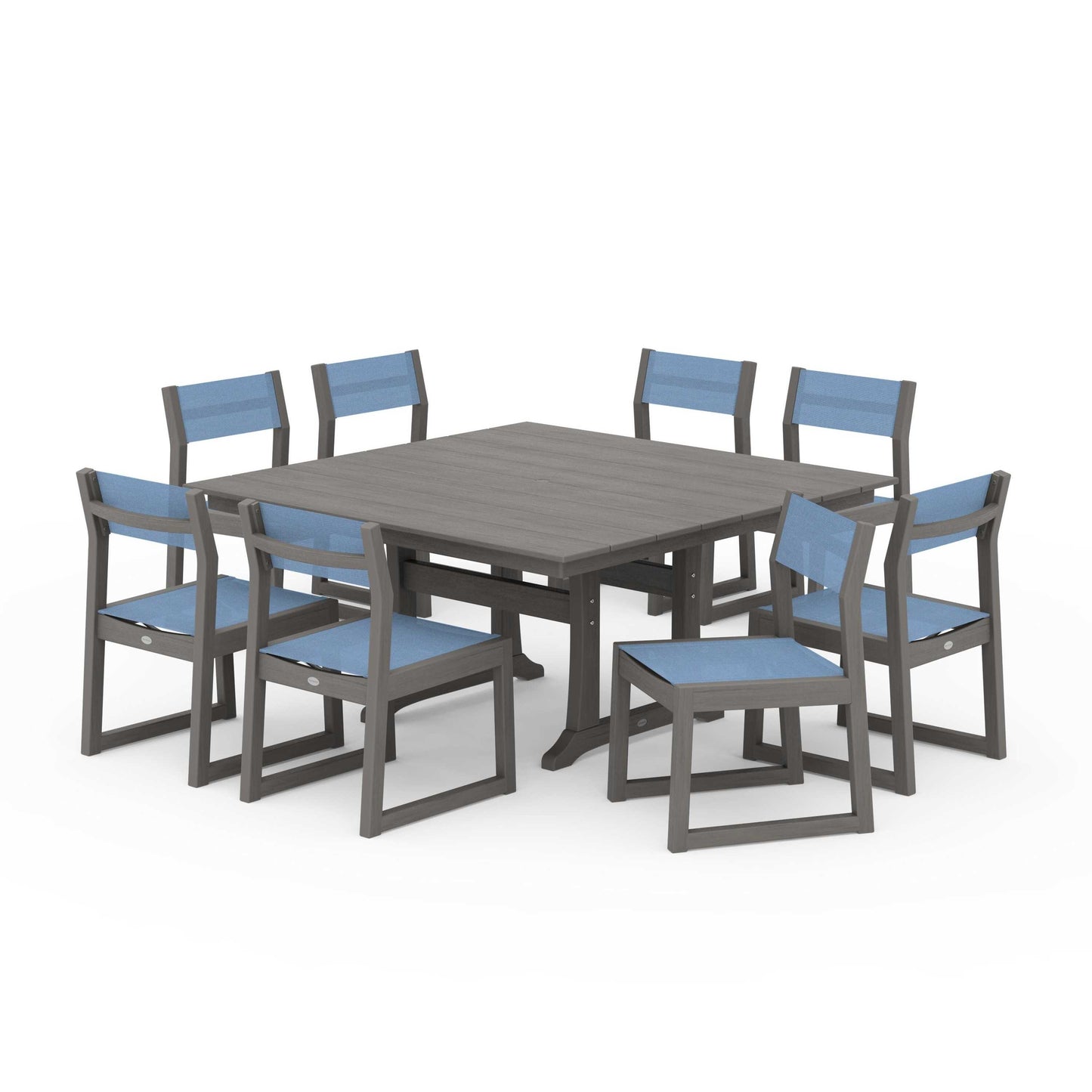POLYWOOD EDGE Sling Side Chair 9-Piece Farmhouse Trestle Dining Set — Driftwood / Poolside Sling