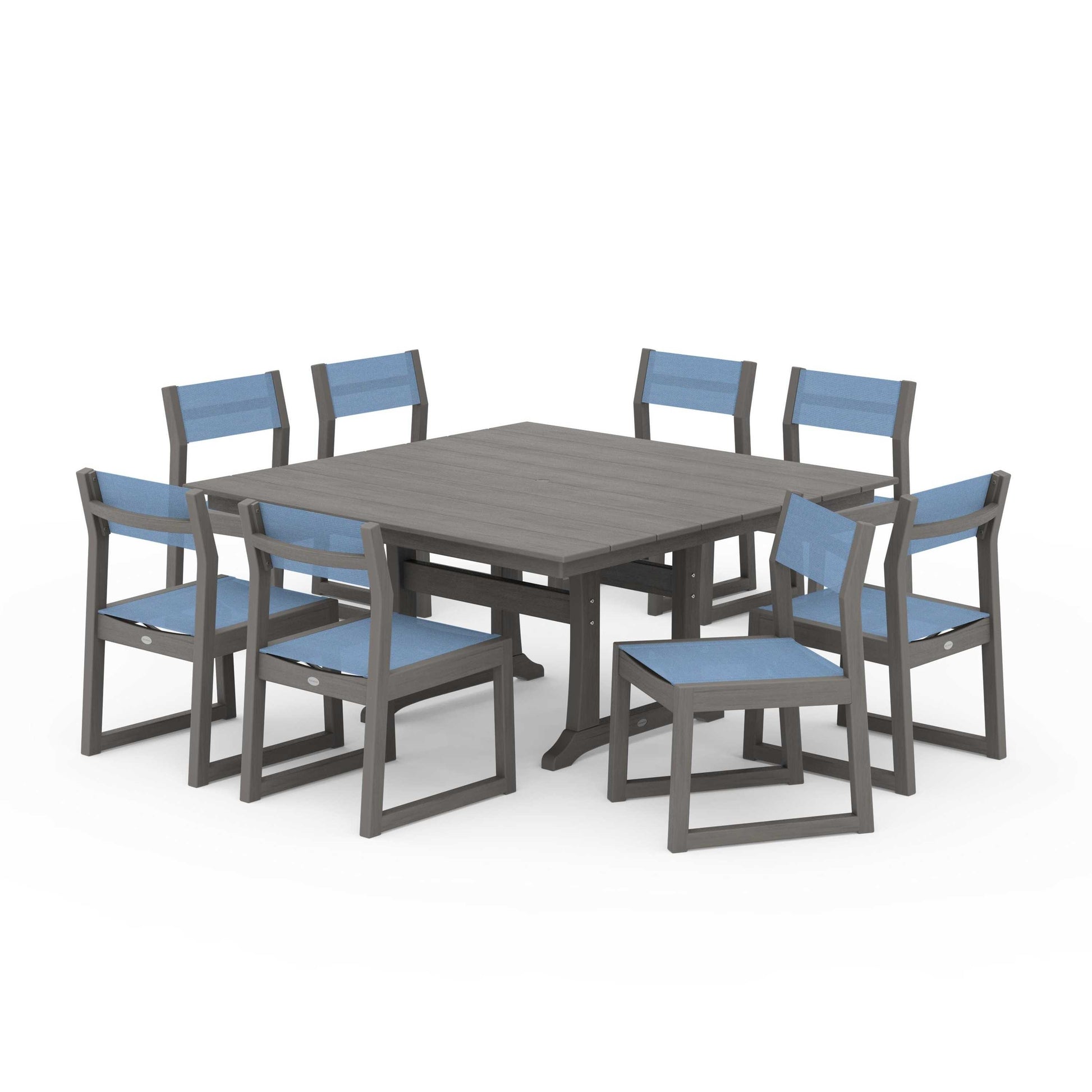POLYWOOD EDGE Sling Side Chair 9-Piece Farmhouse Trestle Dining Set — Driftwood / Poolside Sling