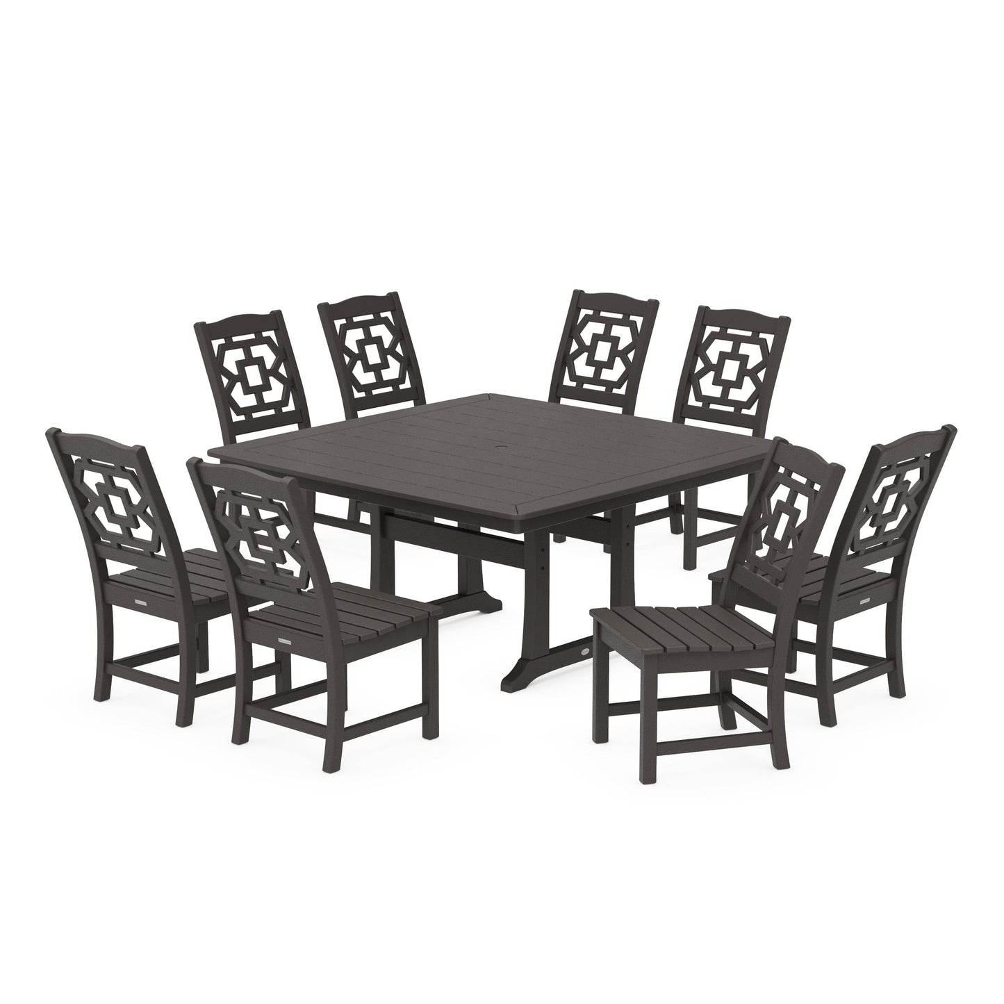POLYWOOD Chinoiserie 9-Piece Square Side Chair Dining Set with Trestle Legs — Vintage Coffee