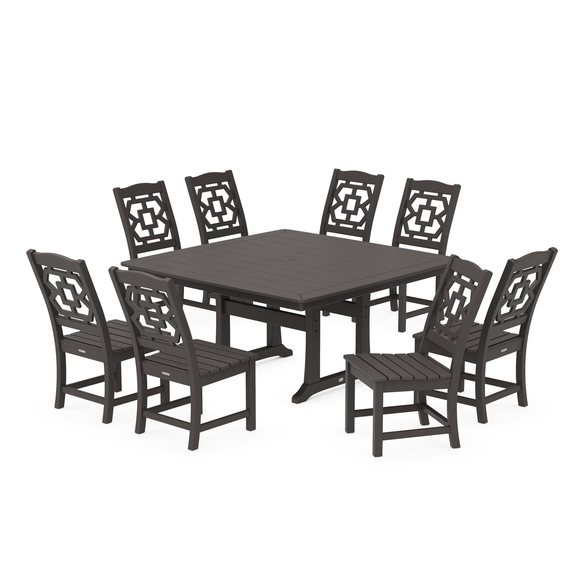 POLYWOOD Chinoiserie 9-Piece Square Side Chair Dining Set with Trestle Legs — Vintage Coffee