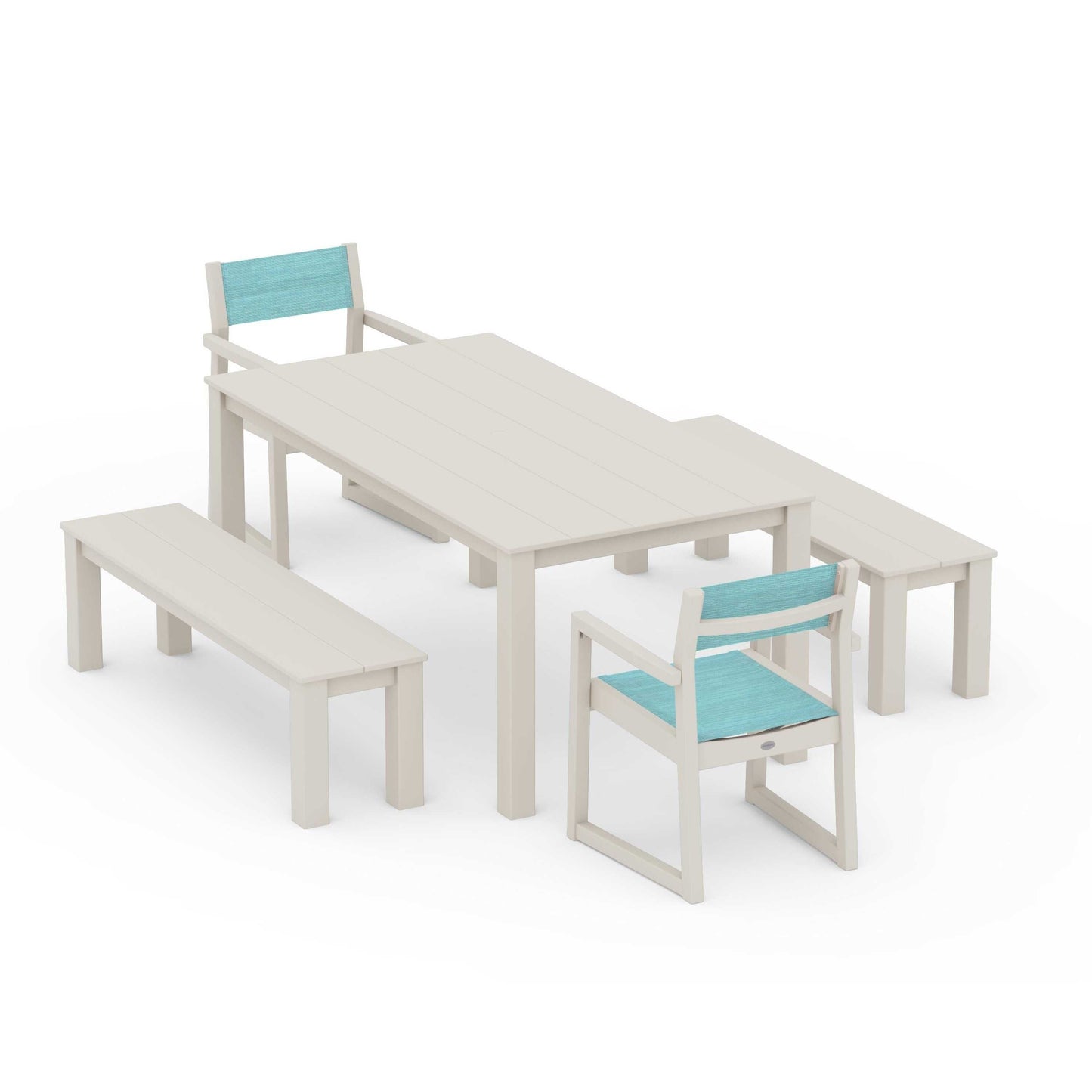 POLYWOOD EDGE Sling Arm Chair 5-Piece Parsons Dining Set with Benches — Sand / Dupioni Aquamarine Sling