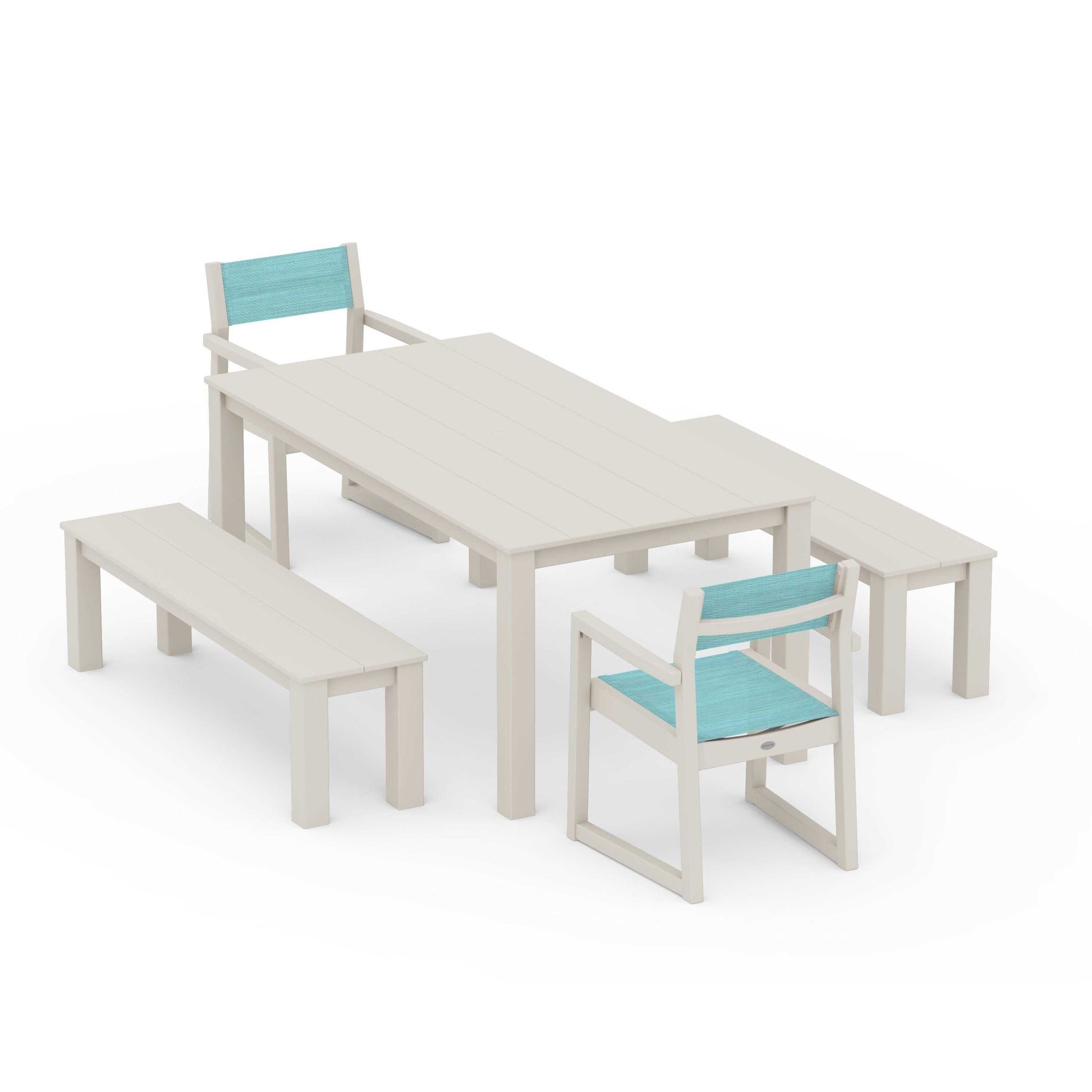 POLYWOOD EDGE Sling Arm Chair 5-Piece Parsons Dining Set with Benches — Sand / Dupioni Aquamarine Sling