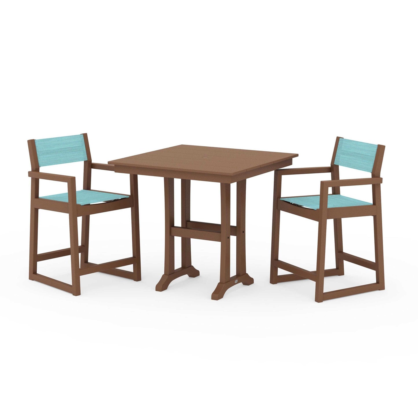 POLYWOOD EDGE Sling Arm Chair 3-Piece Farmhouse Counter Set with Trestle Legs — Teak / Dupioni Aquamarine Sling