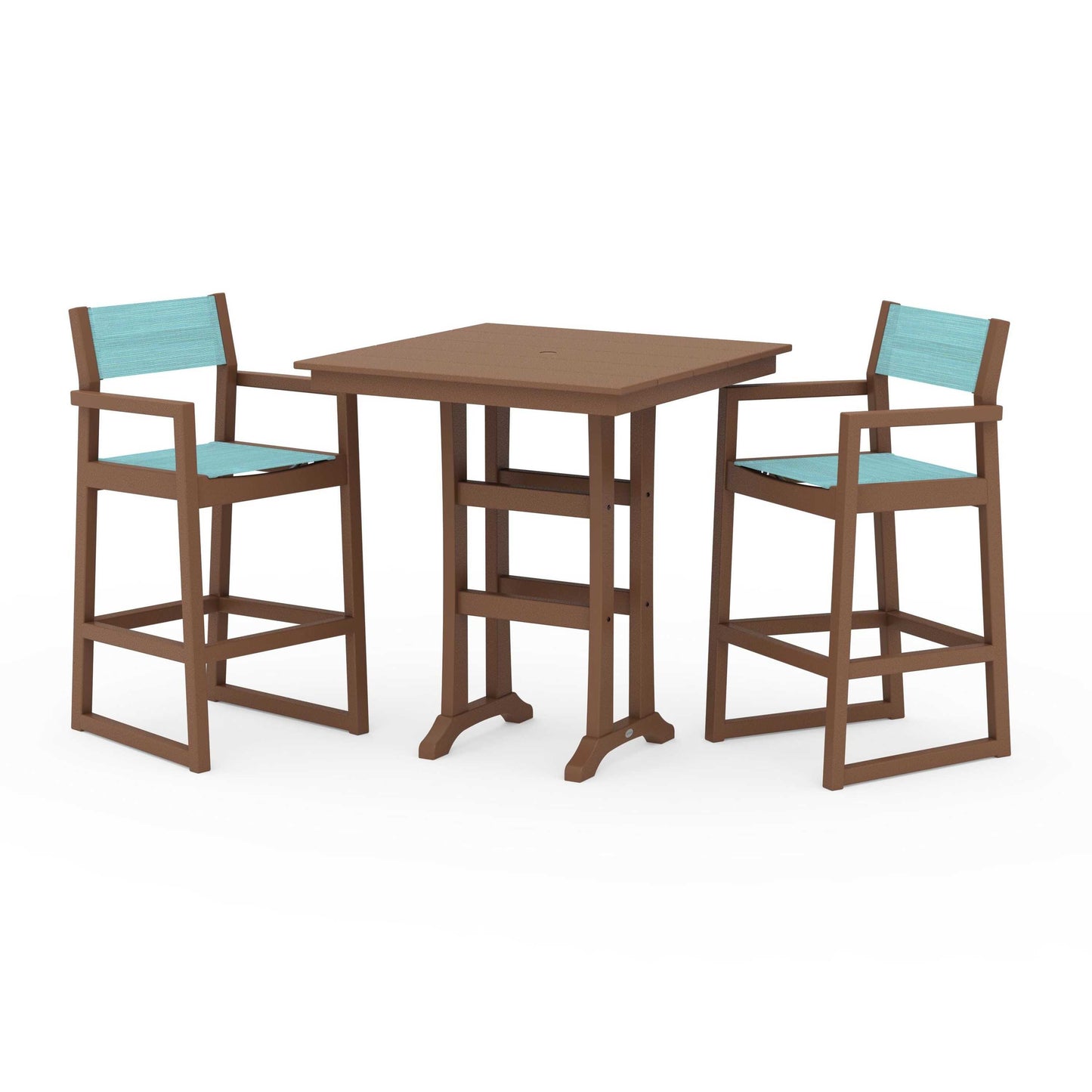 POLYWOOD EDGE Sling Arm Chair 3-Piece Farmhouse Bar Set with Trestle Legs — Teak / Dupioni Aquamarine Sling