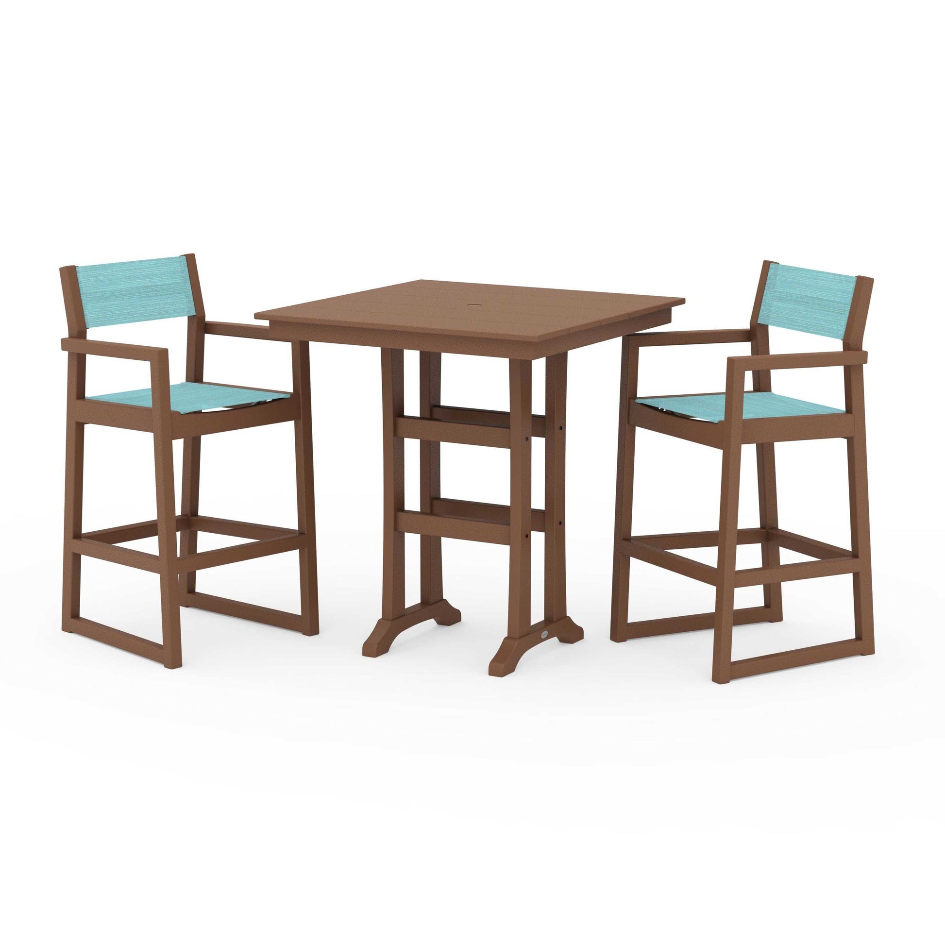 POLYWOOD EDGE Sling Arm Chair 3-Piece Farmhouse Bar Set with Trestle Legs — Teak / Dupioni Aquamarine Sling