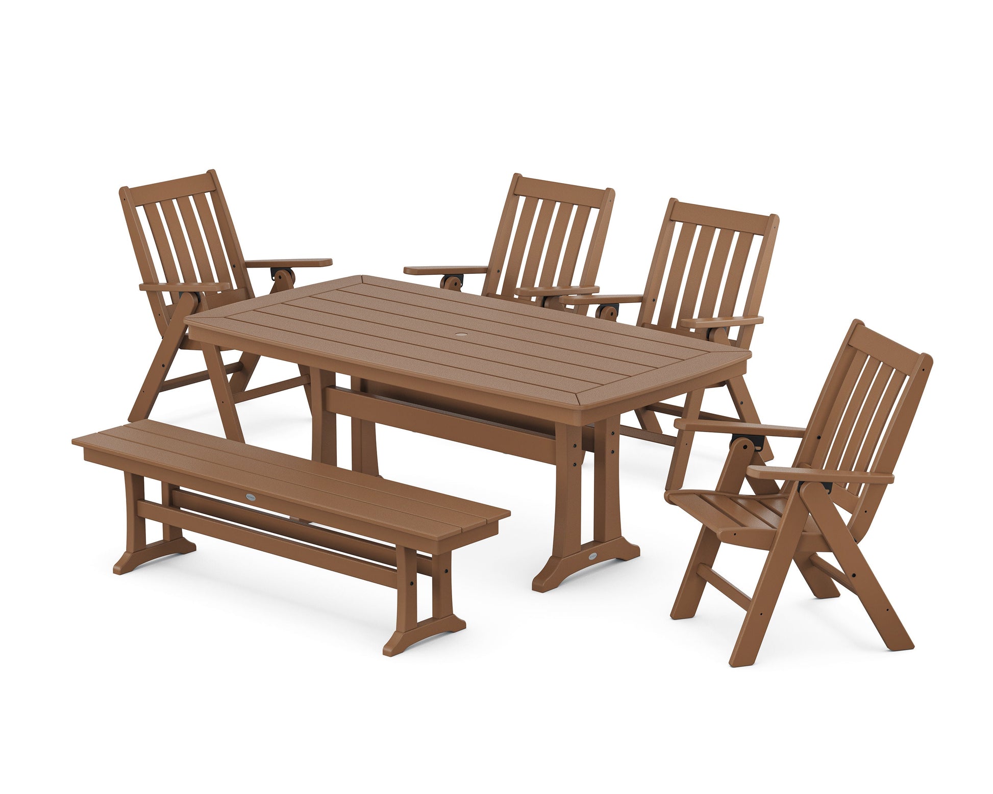 POLYWOOD Vineyard Folding Chair 6-Piece Dining Set with Trestle Legs and Bench — Teak
