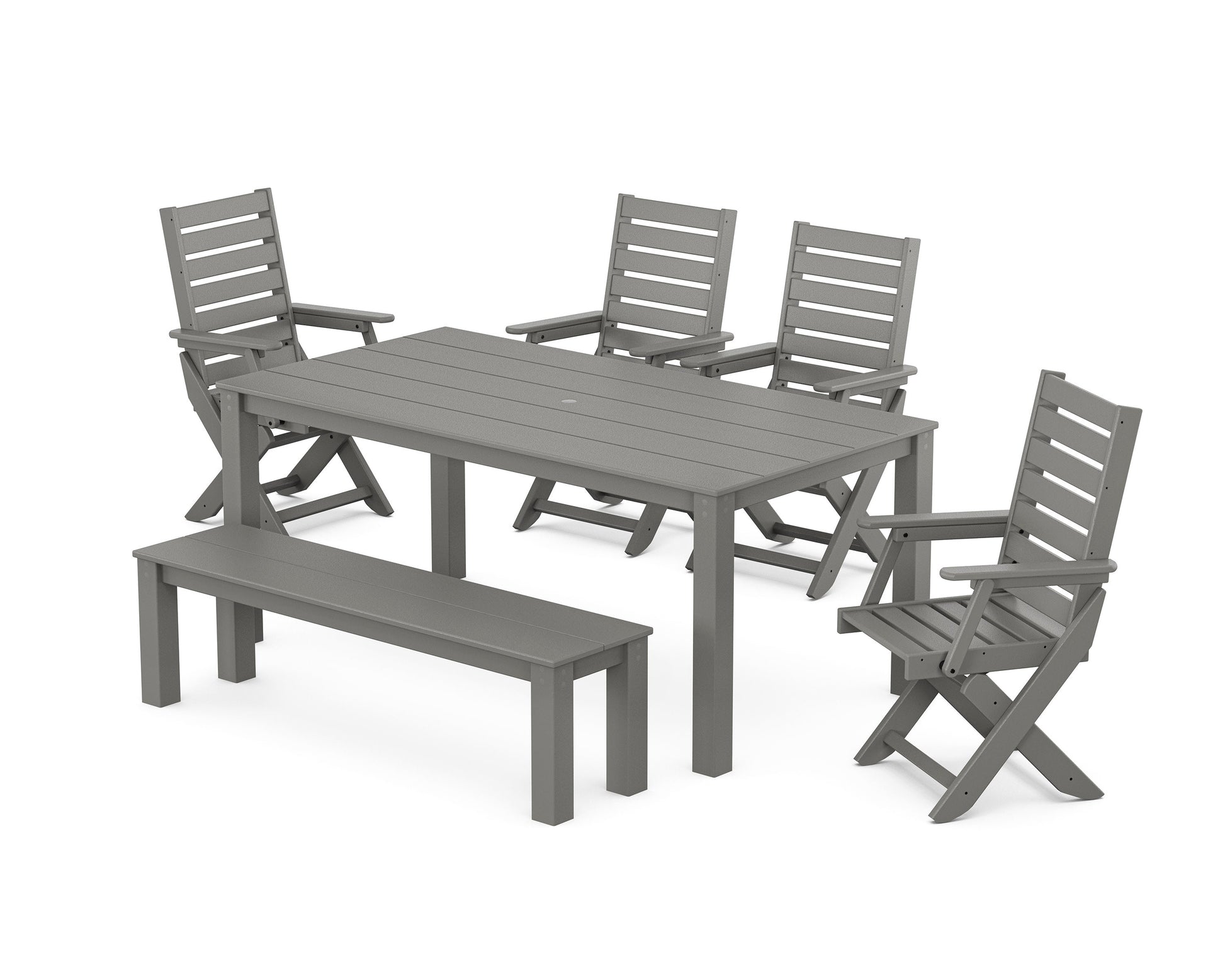 POLYWOOD Captain Folding Chair 6-Piece Parsons Dining Set with Bench — Slate Grey