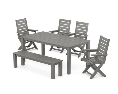 POLYWOOD Captain Folding Chair 6-Piece Parsons Dining Set with Bench — Slate Grey