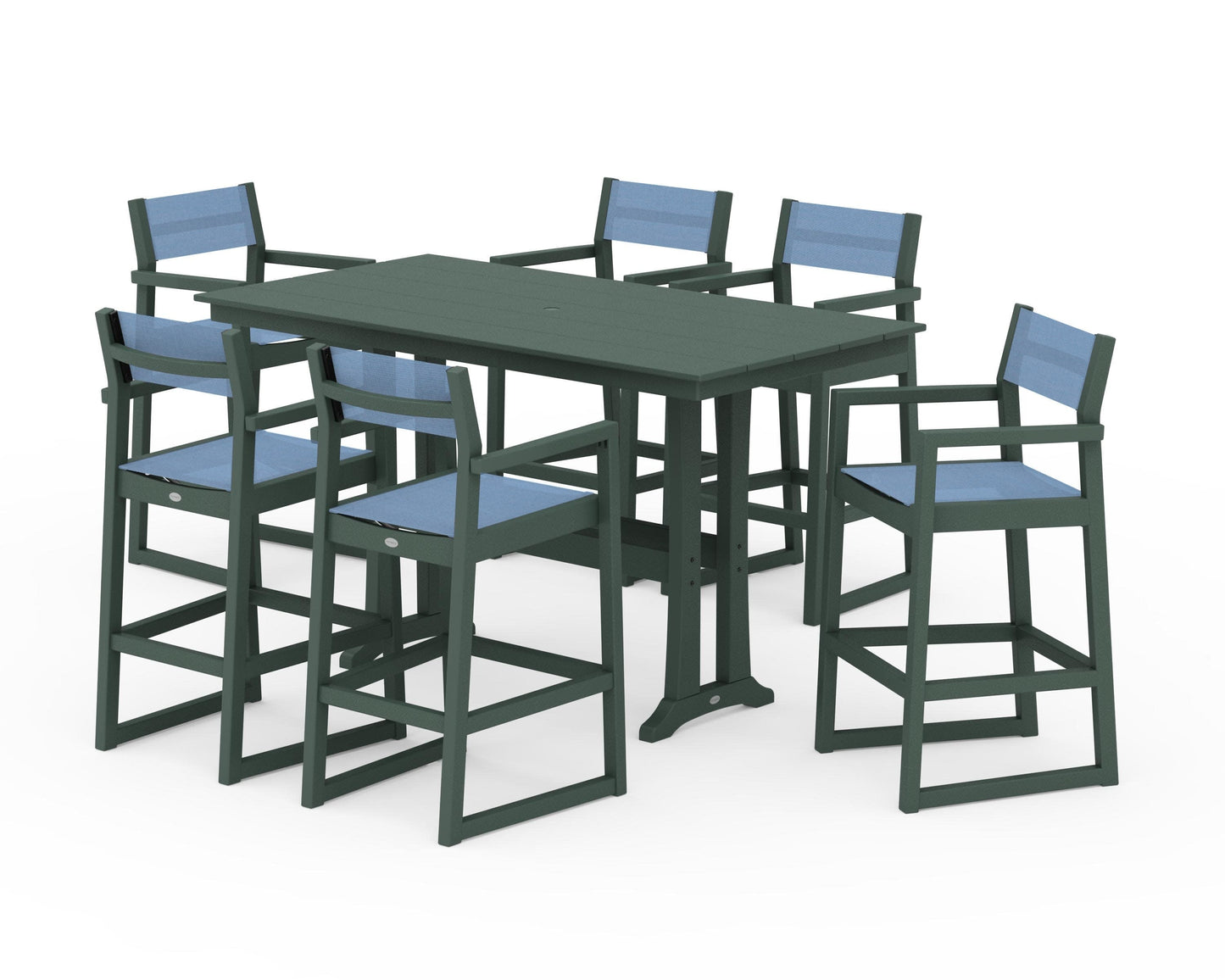 POLYWOOD EDGE Sling Arm Chair 7-Piece Farmhouse Bar Set with Trestle Legs — Green / Poolside Sling