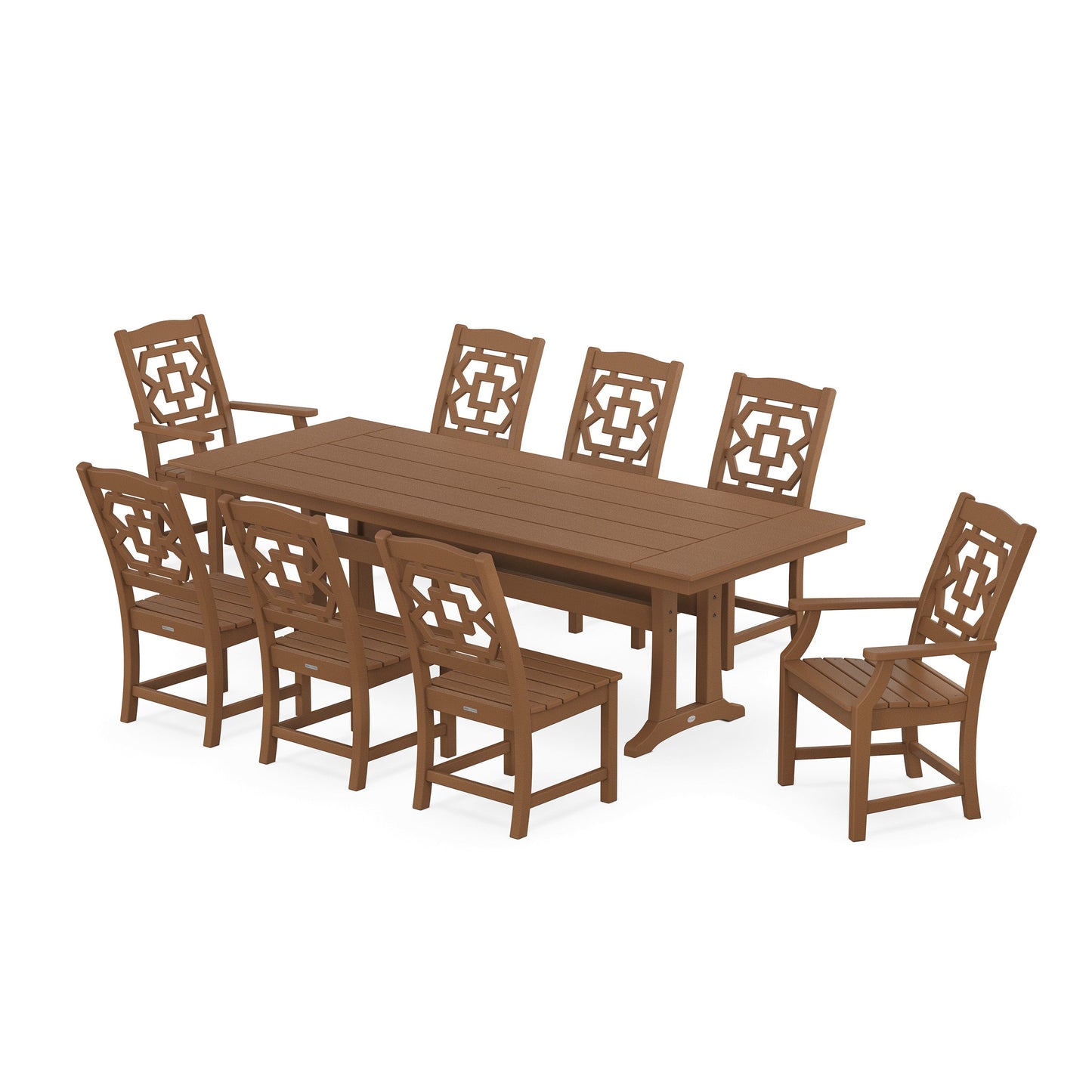 POLYWOOD Chinoiserie 9-Piece Farmhouse Dining Set with Trestle Legs — Teak