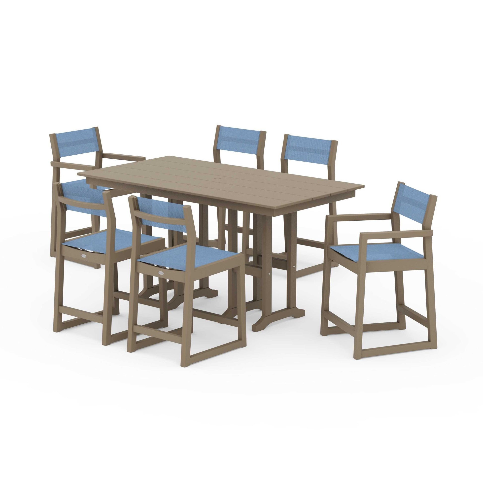 POLYWOOD EDGE Sling 7-Piece Farmhouse Counter Set with Trestle Legs — Vintage Sahara / Poolside Sling
