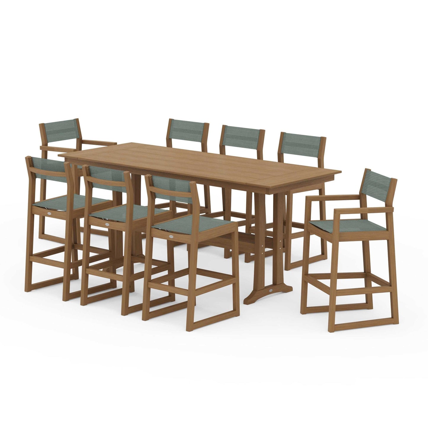 POLYWOOD EDGE Sling 9-Piece Farmhouse Bar Set with Trestle Legs — Natural / Dupioni Sea Mist Sling