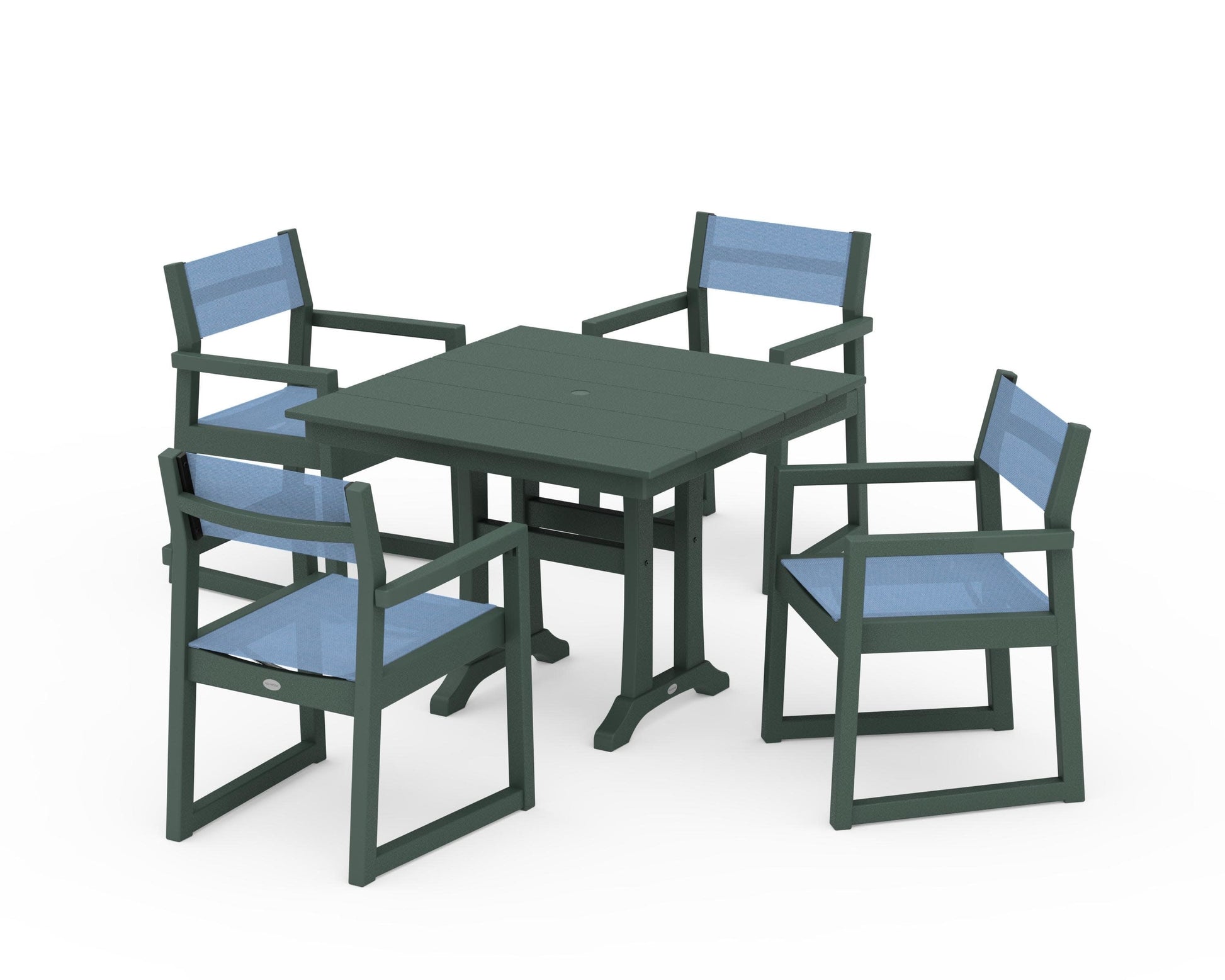 POLYWOOD EDGE Sling 5-Piece Farmhouse Dining Set with Trestle Legs — Green / Poolside Sling