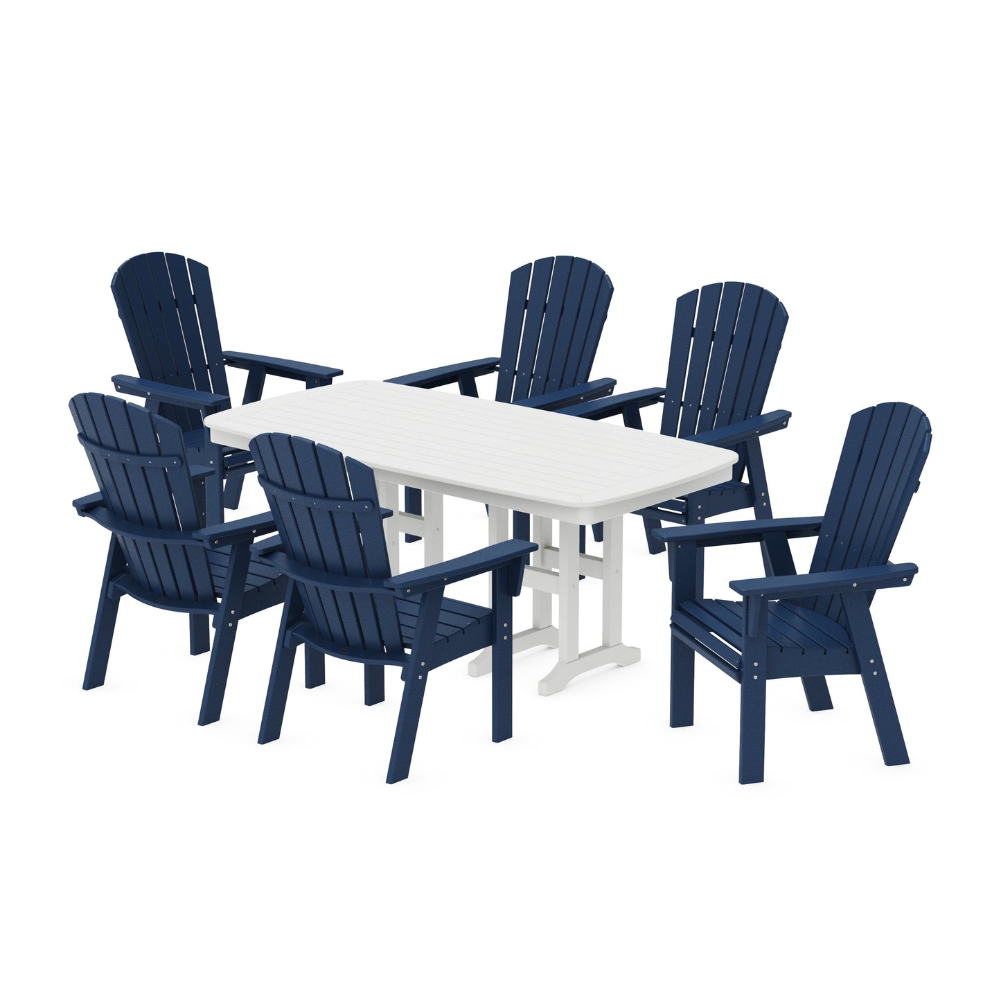 POLYWOOD Nautical Curveback Adirondack 7-Piece Dining Set — Navy / White