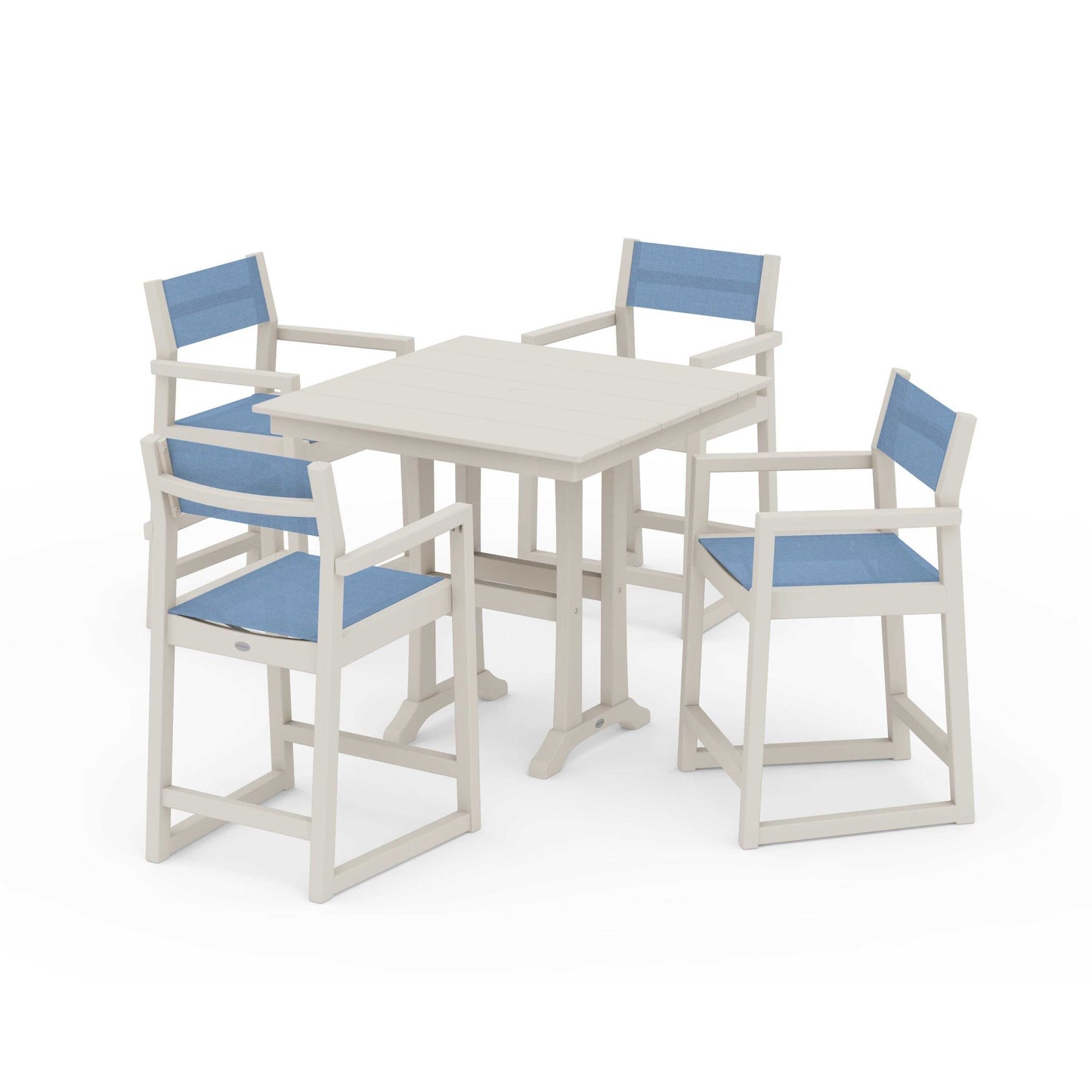 POLYWOOD EDGE Sling Arm Chair 5-Piece Farmhouse Counter Set with Trestle Legs — Sand / Poolside Sling