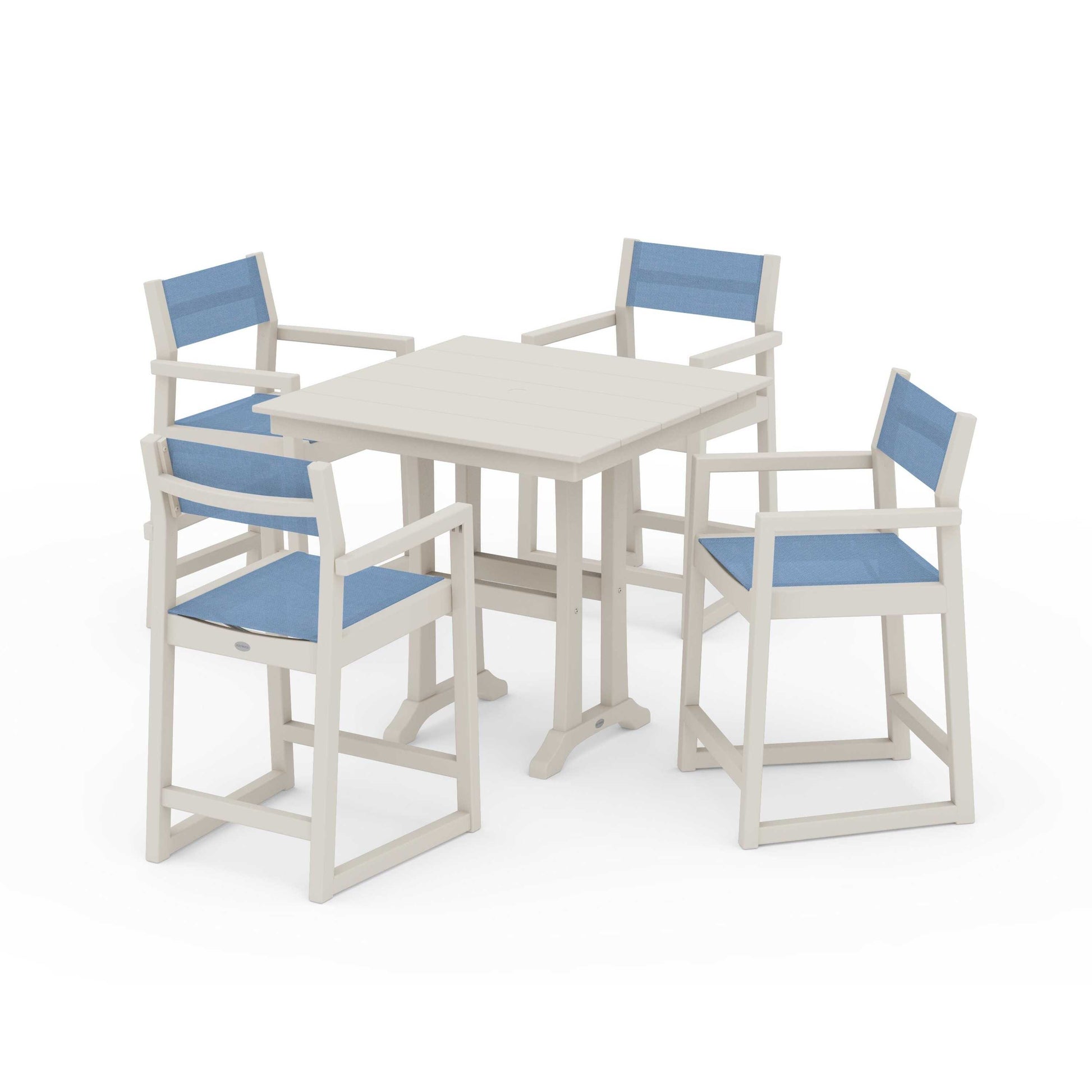 POLYWOOD EDGE Sling Arm Chair 5-Piece Farmhouse Counter Set with Trestle Legs — Sand / Poolside Sling
