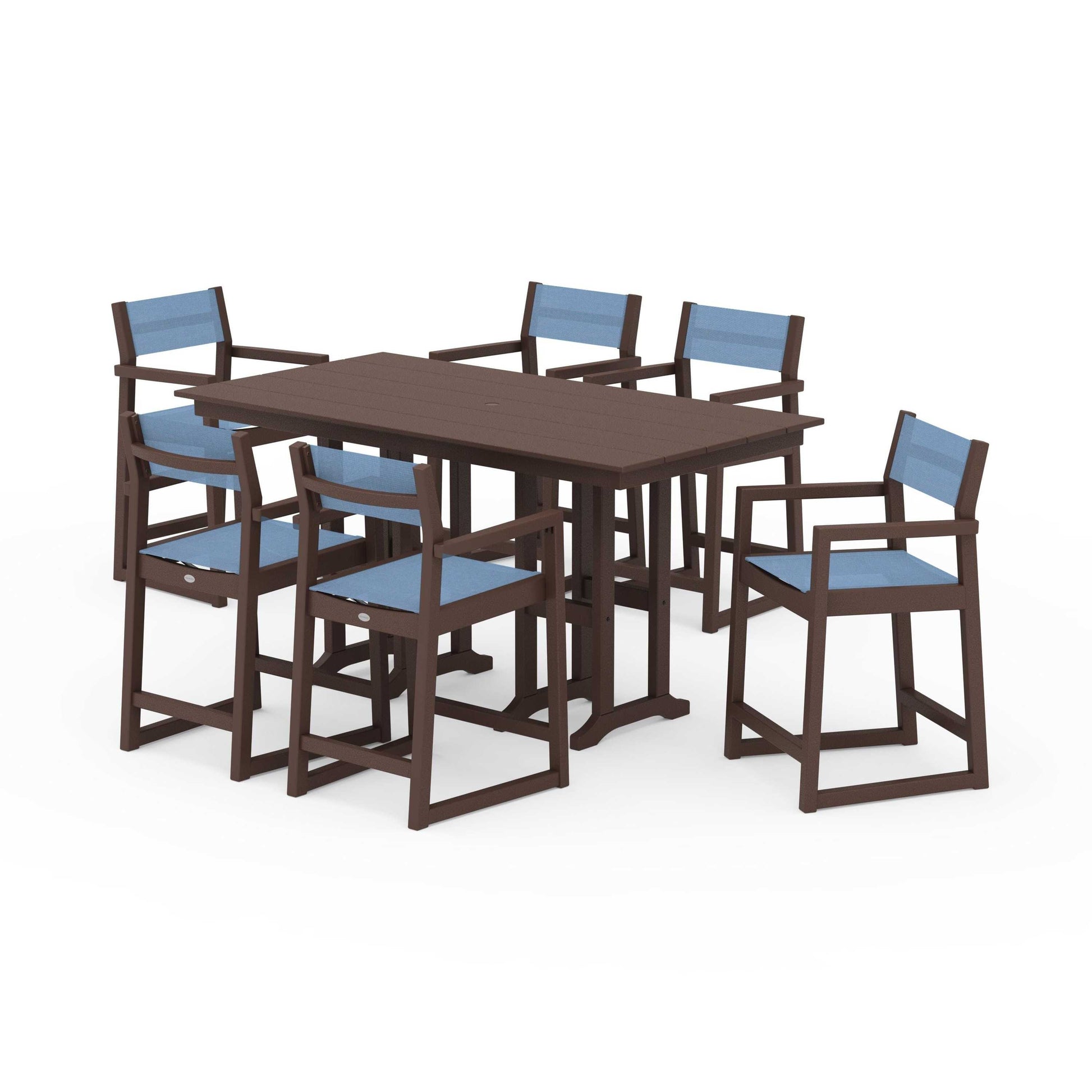 POLYWOOD EDGE Sling Arm Chair 7-Piece Farmhouse Counter Set — Mahogany / Poolside Sling