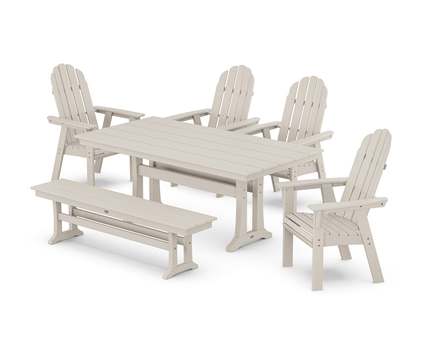 POLYWOOD Vineyard Curveback Adirondack Chair 6-Piece Farmhouse Dining Set with Trestle Legs and Bench — Sand