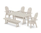 POLYWOOD Vineyard Curveback Adirondack Chair 6-Piece Farmhouse Dining Set with Trestle Legs and Bench — Sand
