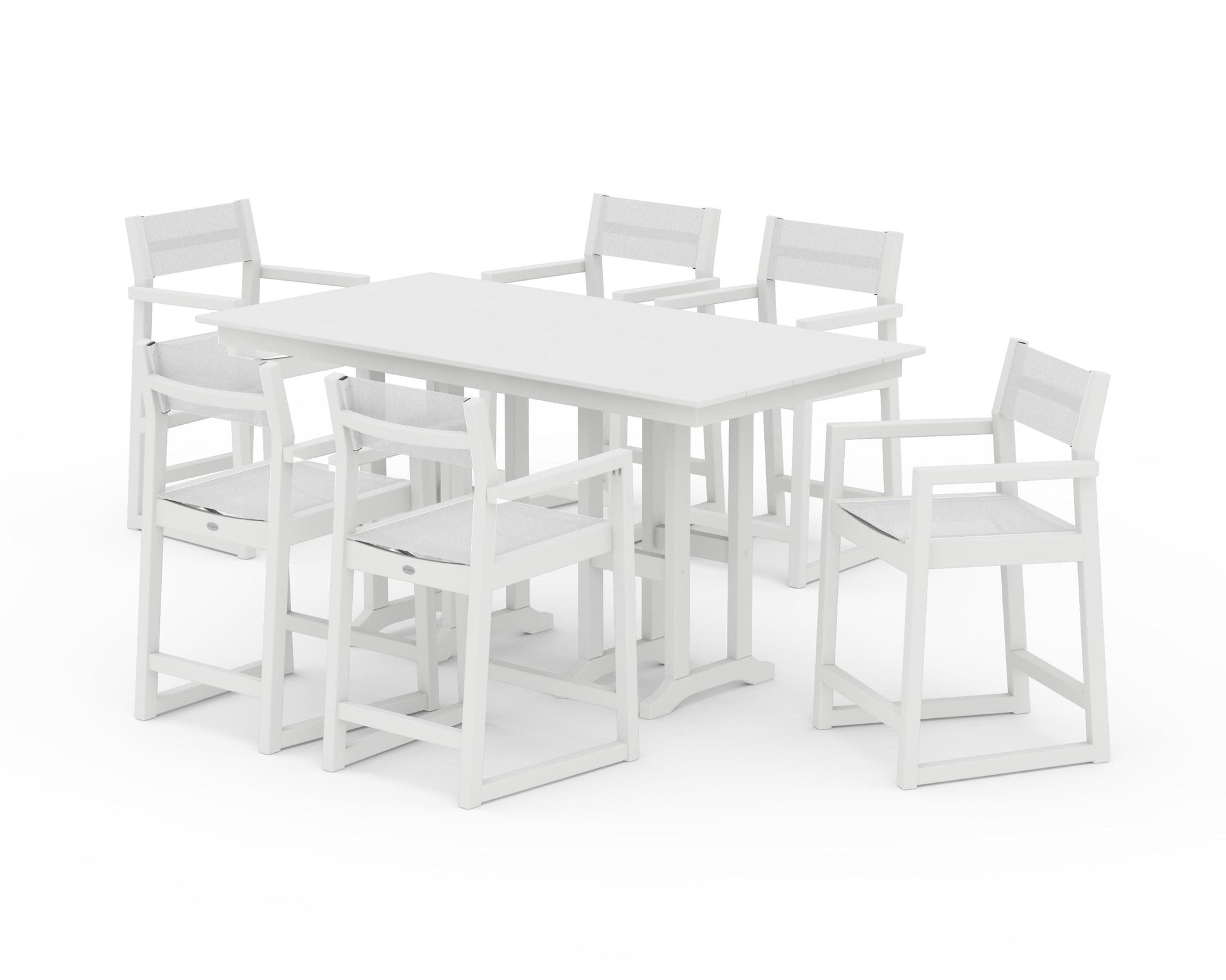 POLYWOOD EDGE Sling Arm Chair 7-Piece Farmhouse Counter Set — White / White Sling