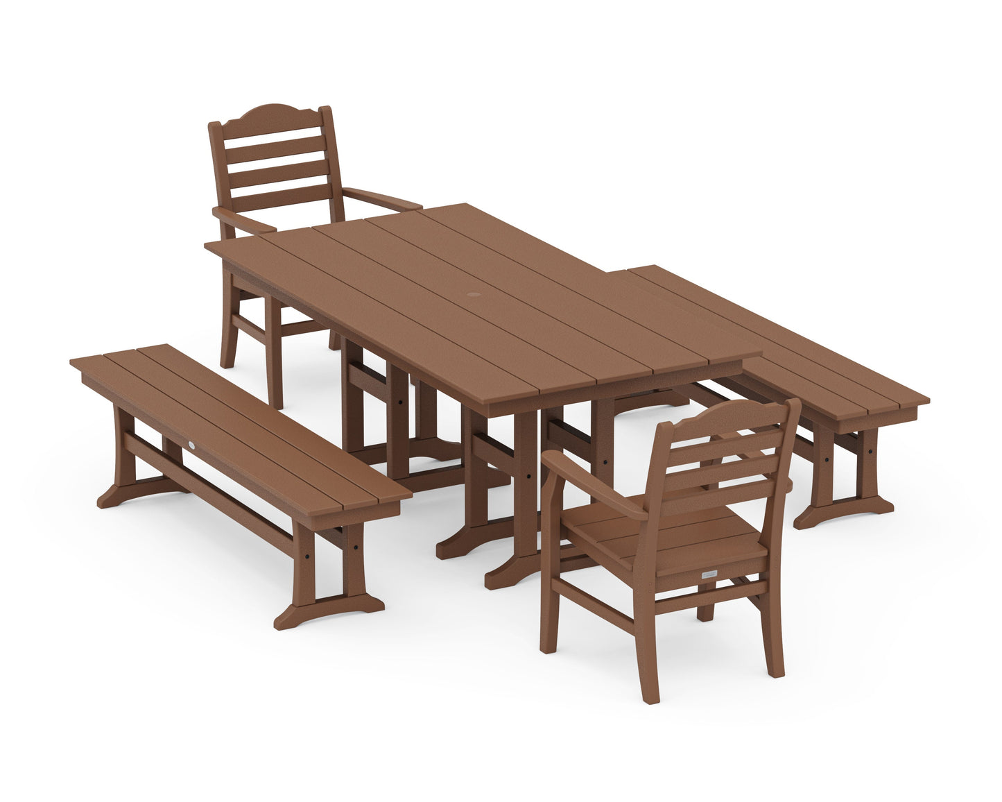 POLYWOOD Savannah 5-Piece Farmhouse Dining Set with Benches — Teak
