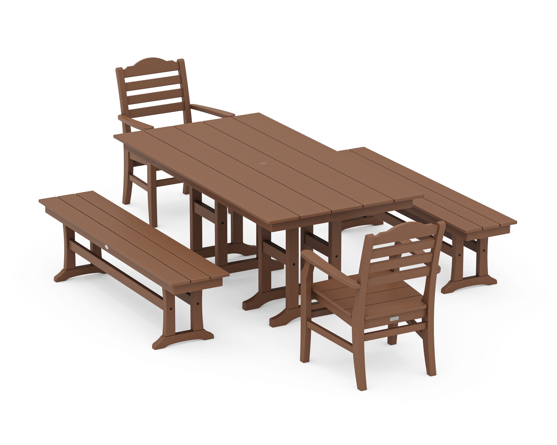 POLYWOOD Savannah 5-Piece Farmhouse Dining Set with Benches — Teak