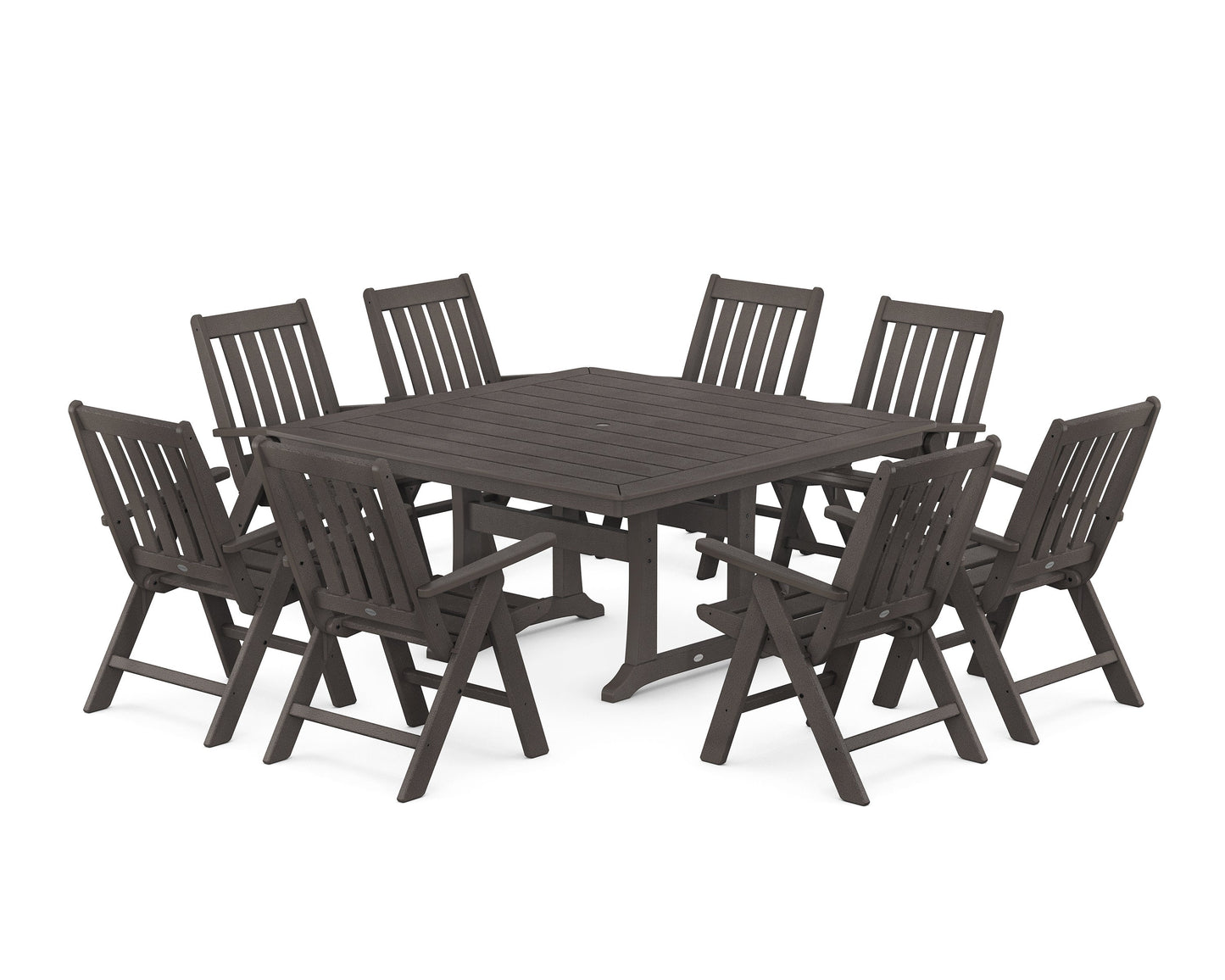 POLYWOOD Vineyard Folding Chair 9-Piece Square Dining Set with Trestle Legs — Vintage Coffee