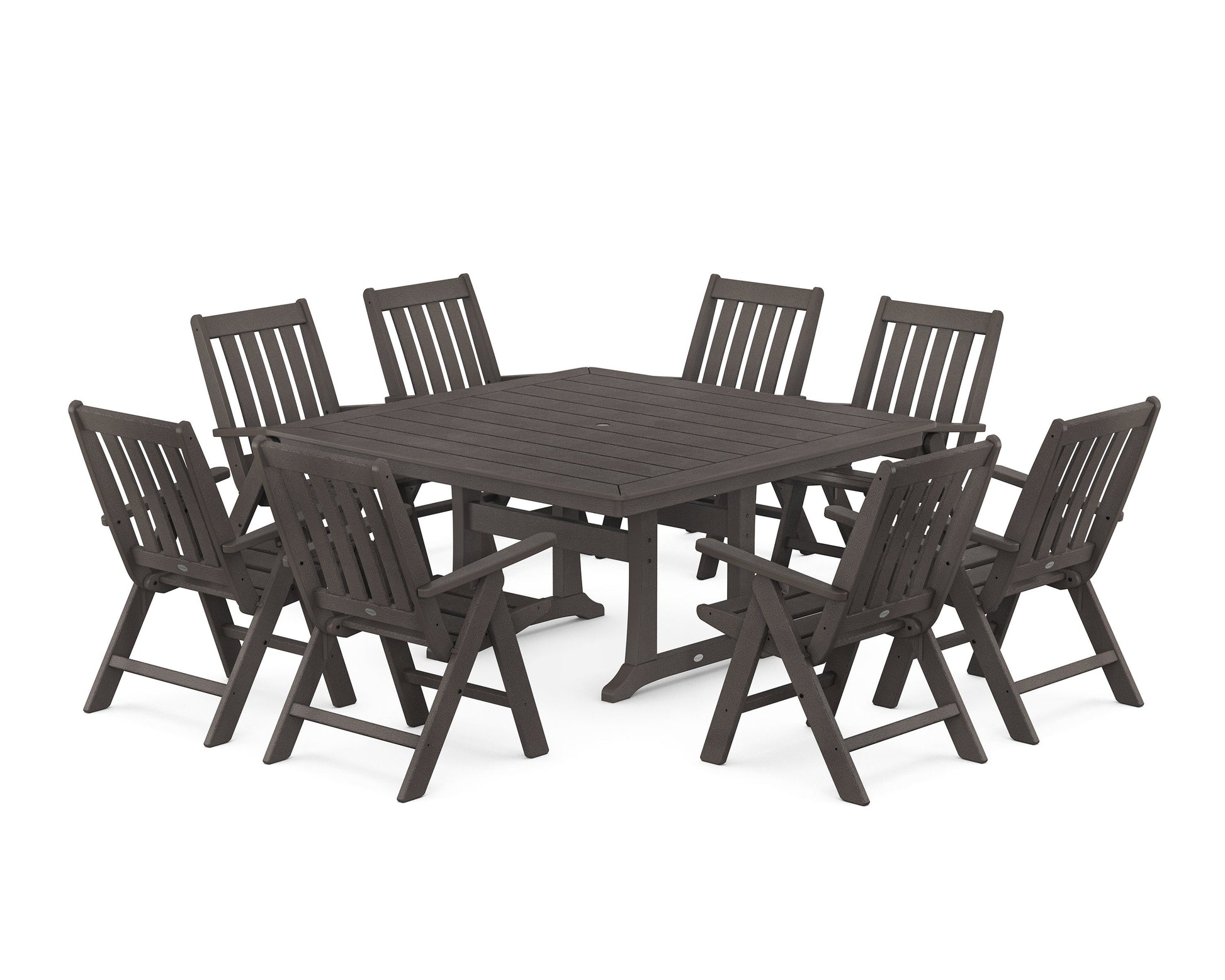 POLYWOOD Vineyard Folding Chair 9-Piece Square Dining Set with Trestle Legs — Vintage Coffee